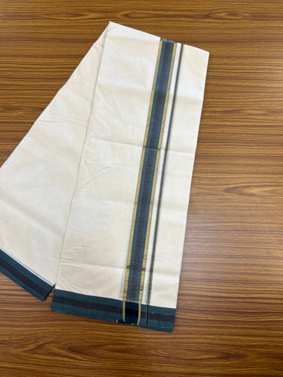 25% DISCOUNT!! KaithariKada HANDLOOM UNAKKUPAAV Balaramapuram - 100% PURE Cotton OFF White Double - (Unbleached)- Mundu/Dothi - 1.5 inch Gold Kasav Dark Teal Green & Black Kara 4 Meters (8.5 Muzham) - 51 KK5249 REA