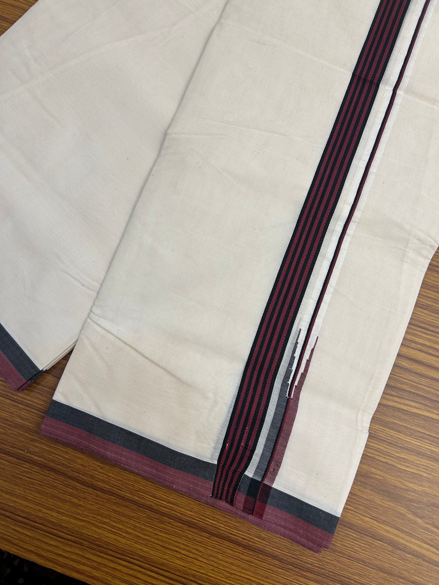Dmk Veshti - 20% Discount !! KaithariKada Balaramapuram Double Off White - (Unbleached) Mundu/Dhoti - 100X100 - 1 inch Puliyilakkara Maroon & Black Striped Chutty Kara 4 meters (8.5 Muzham) - 15 KK5347 ASH