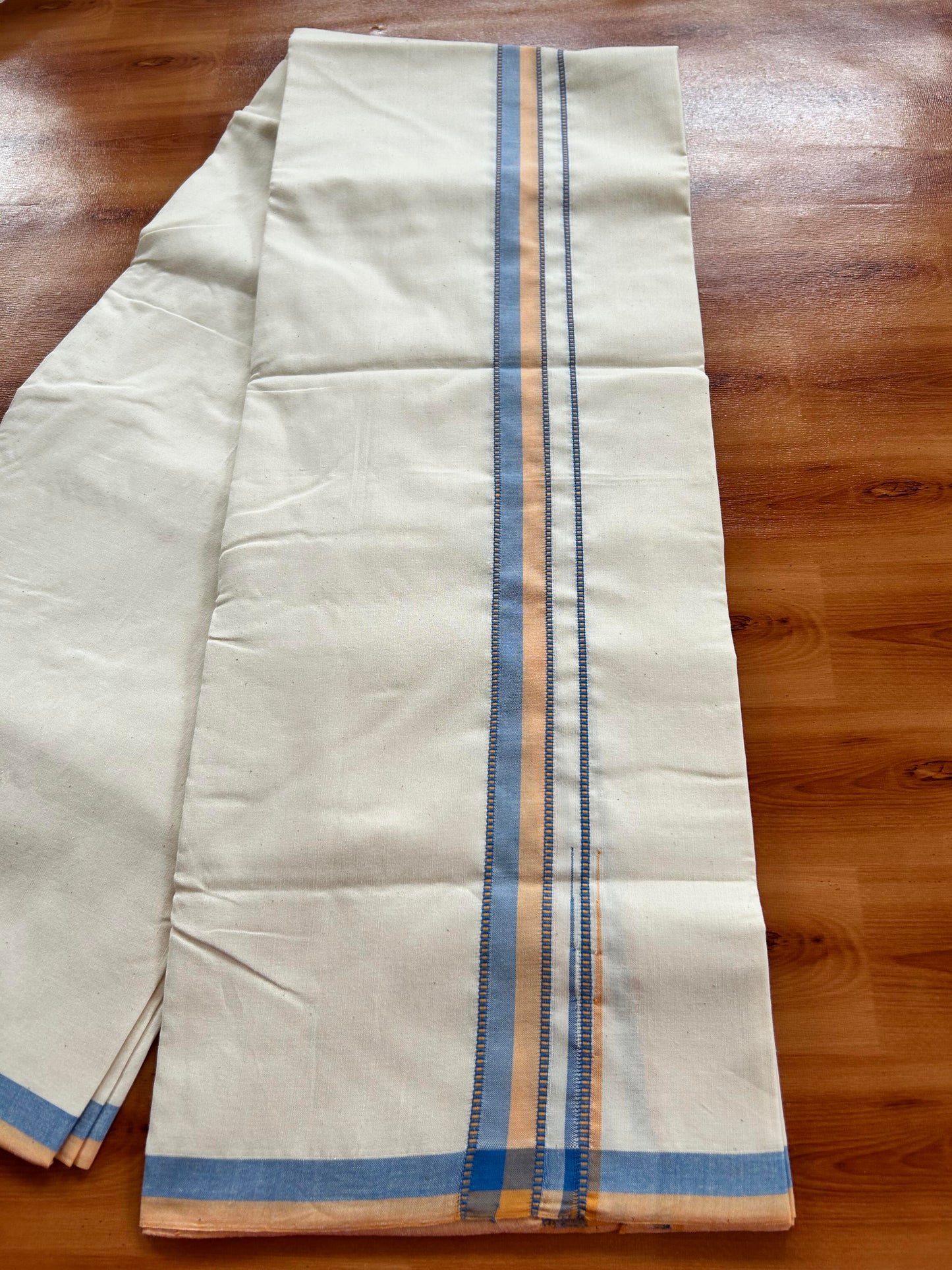 Single Off White - (Unbleached) Mundu/Dhoti - 25%Discount !! Signature Kaitharikada Exclusive Single Dhoti - 100% Cotton - Kerala Handloom - 1 inch Puliyilakkara Peach Orange & Blue Shaded Chutty kara (2 meter / 4 muzham)- 6 KK5410 KAI