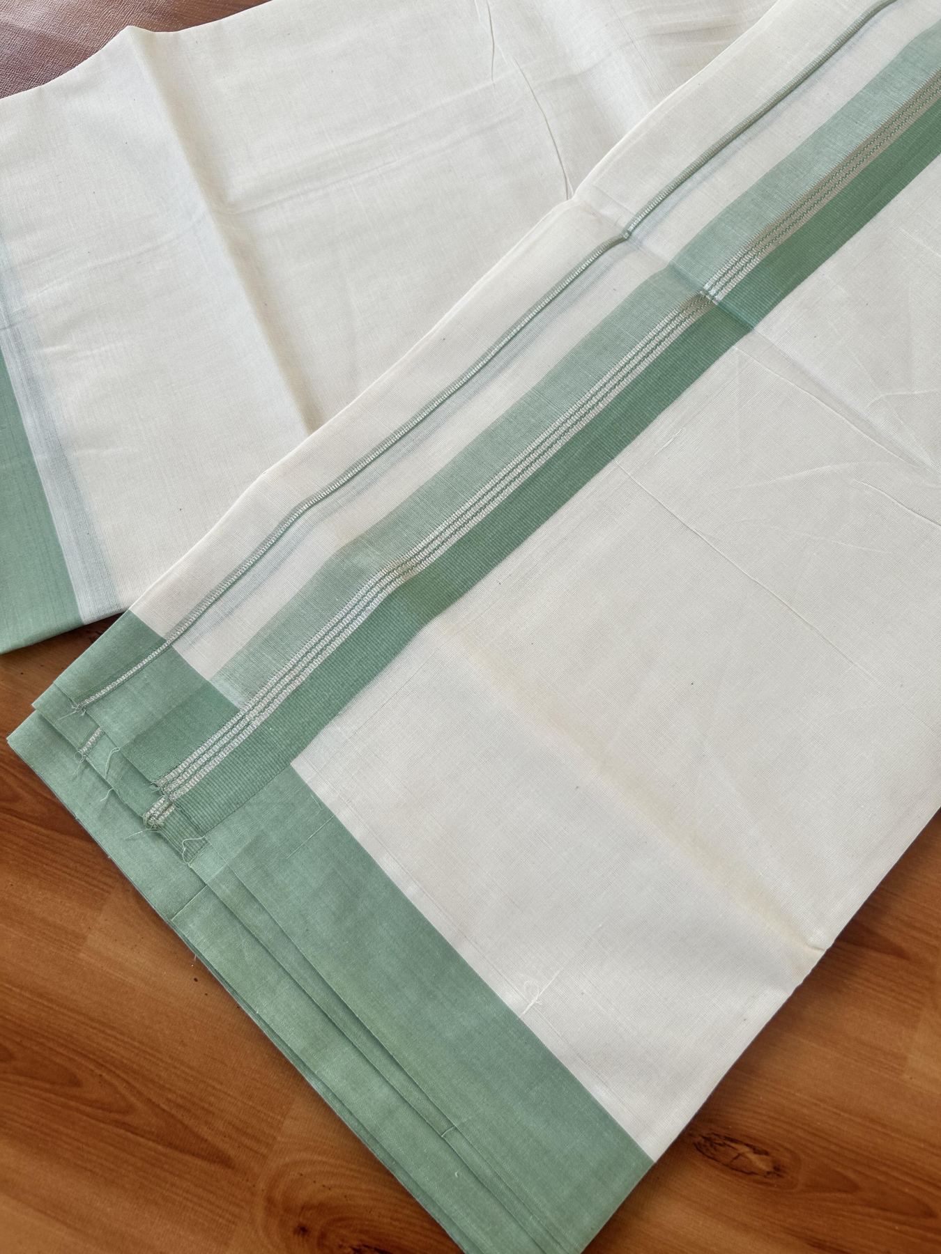 Double Off White (Unbleached) Mundu/Dhoti - 20% Discount! Kaitharikada 100% Pure Cotton - 100x80 - 1.75 inch Silver Kasav & Pista Green striped shaded Kara 4 mtr (8.5 muzham) - 18 KK5460 PMC