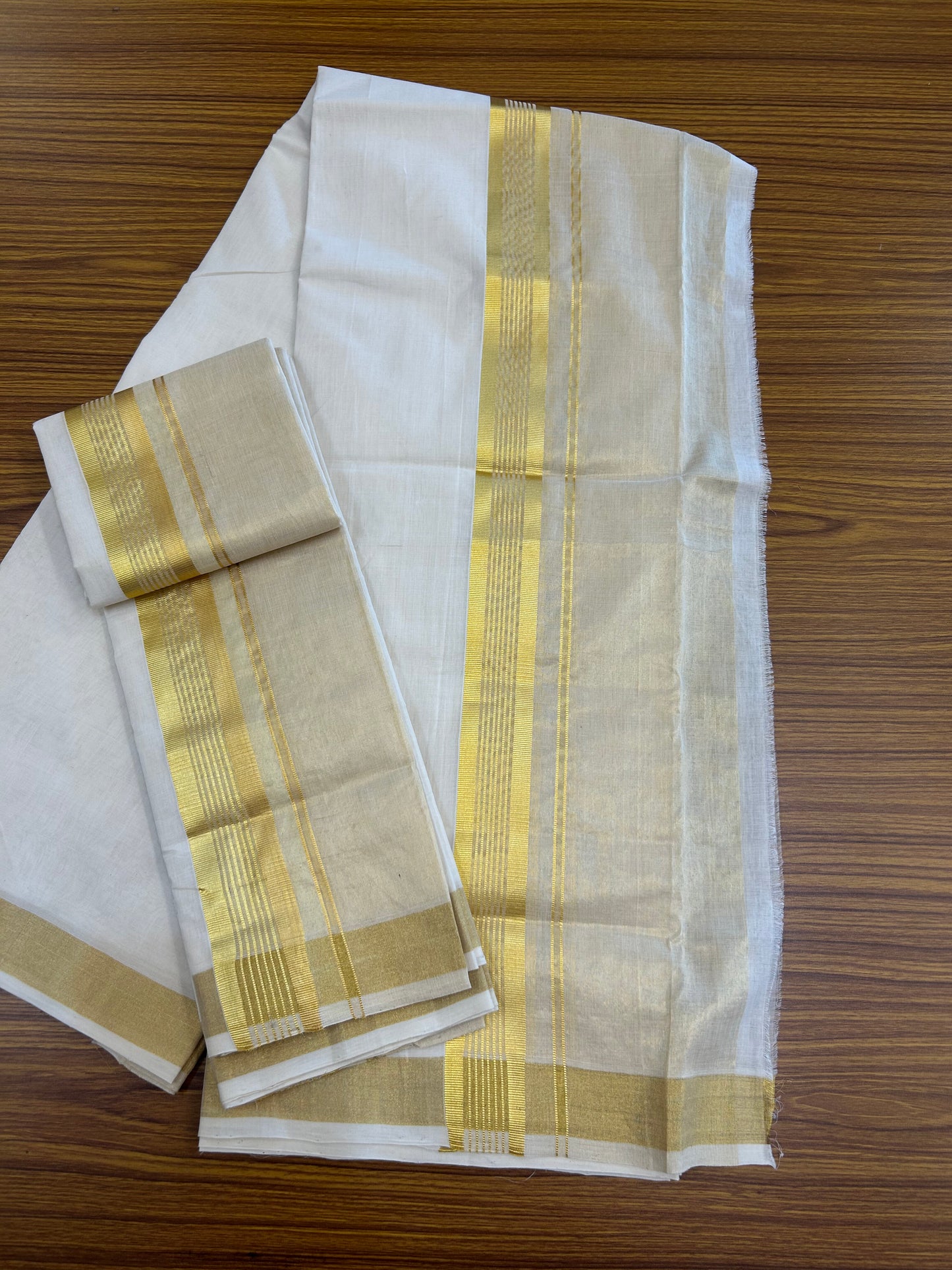 25% Discount ! KaithariKada Handloom Unakkupaav Balaramapuram - 100% Pure Cotton Off White (Unbleached) Mundu/Dhoti & Neriyath set - 7 Inch Kasav stripes Half tissue Kara - 4 mtr (8.5 Muzham) - 1 KK5367 ABH