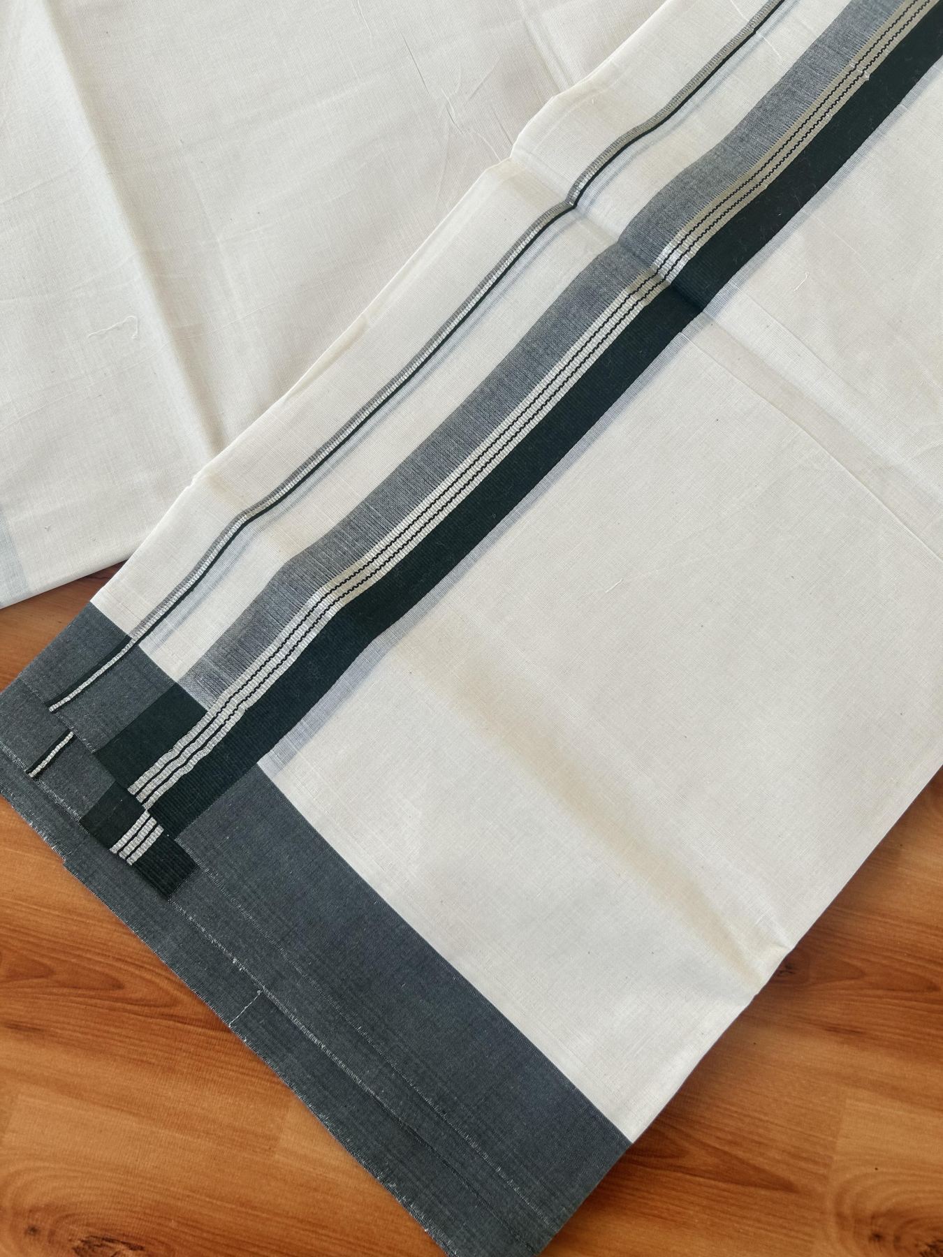 Double Off White (Unbleached) Mundu/Dhoti - 20% Discount! Kaitharikada 100% Pure Cotton - 100x80 - 1.5 inch Silver Kasav & Dark Olive Green striped shaded Kara 4 mtr (8.5 muzham) - 20 KK5460 PMC