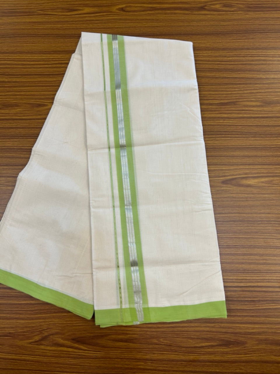 25% Discount ! KaithariKada Handloom Millpaav Balaramapuram - 100% PURE Cotton OFF White (Unbleached) Double Mundu/Dothi - 80x90 - 1.5 inch Silver Kasav & Light Green Shaded Striped Kara 4 Meters (8.5 Muzham) - 2 KK5269 RAM
