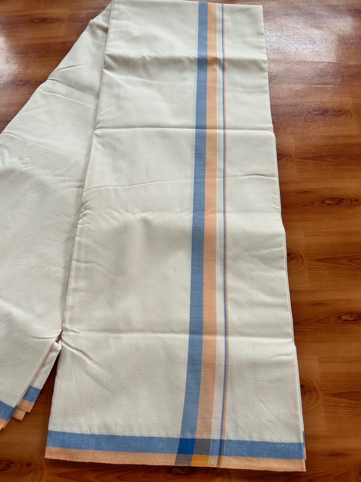 Single Off White - (Unbleached) Mundu/Dhoti - 25%Discount ! Signature Kaitharikada Exclusive Dhoti - 100% Cotton - Kerala Handloom - 1 inch Peach Orange & Blue Shaded kara (2 meter / 4 muzham)- 13 KK5410 KAI