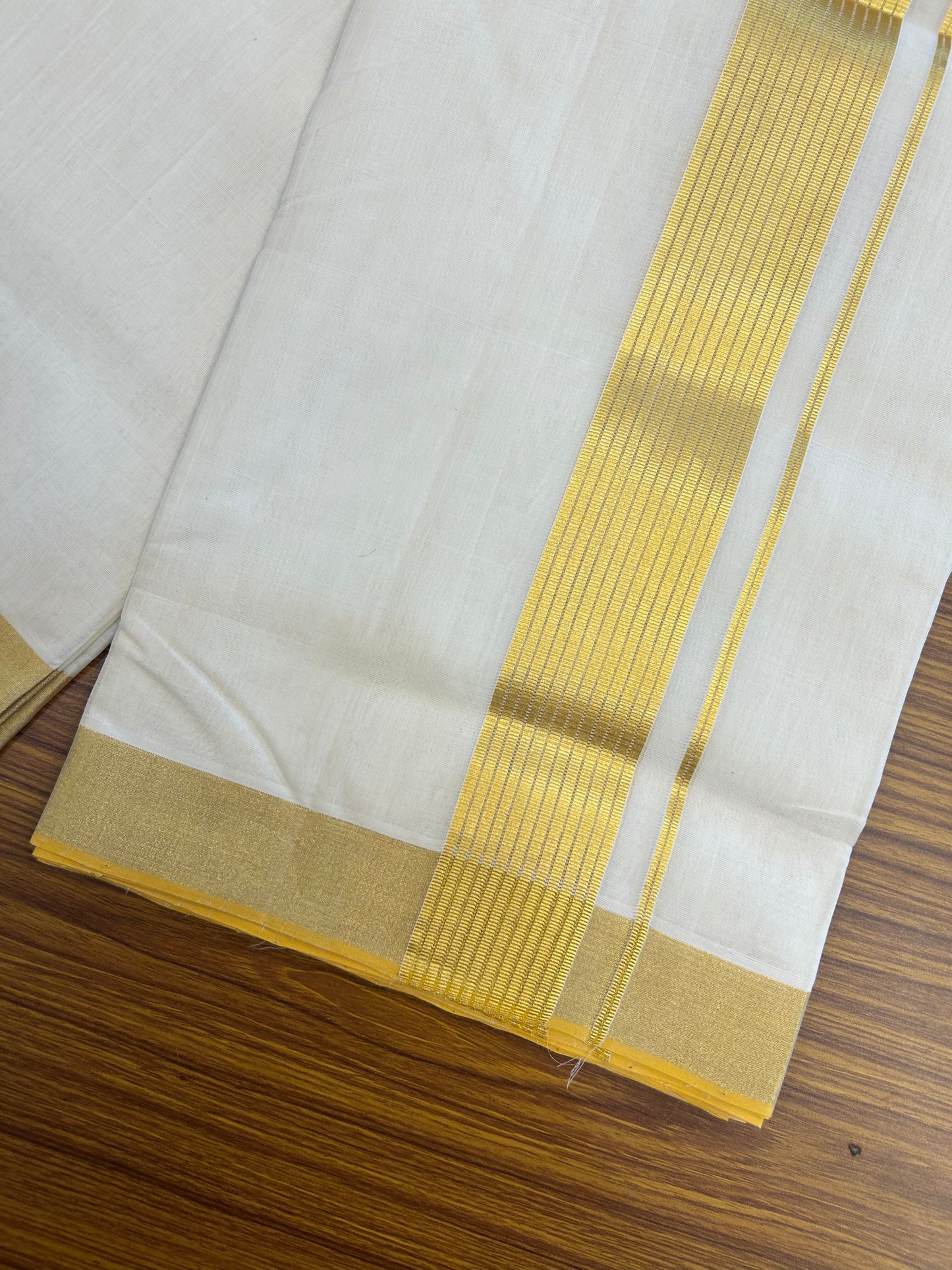 25% Discount ! KaithariKada Handloom Unakkupaav Kerala Handloom - 100% Pure Cotton Off White - (Unbleached) Double Mundu/Dhoti - 100x80 - 2 inch Gold Kasav Striped Kara 4 mtr (8.5 Muzham) - 2 KK5367 ABH