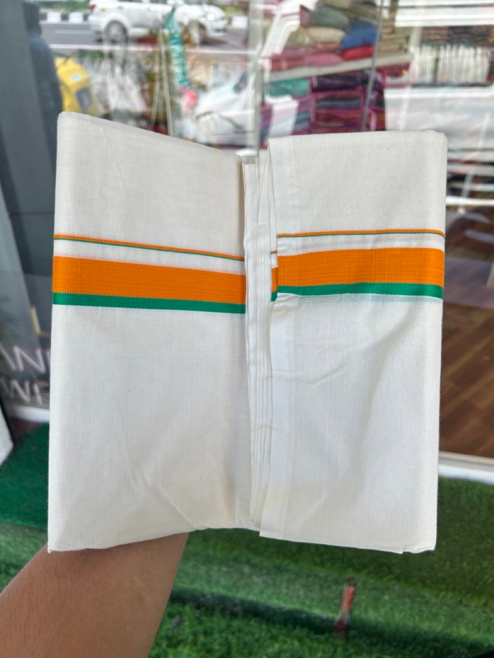 BJP VESHTI - 20% DISCOUNT! KaithariKada 100% Cotton off white Double - (Unbleached) Mundu/Dhoti - 100X80 - 1 inch Orange & Green Kara - 4KK5198ASH