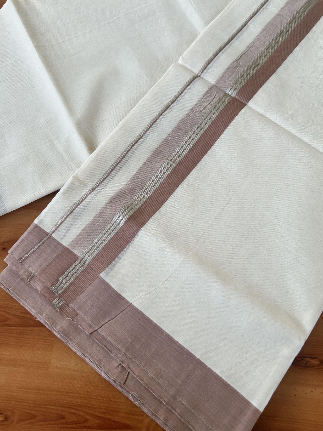 Double Off White (Unbleached) Mundu/Dhoti - 20% Discount! Kaitharikada 100% Pure Cotton - 100x80 - 1.75 inch Silver Kasav & Dusty Brown striped shaded Kara 4 mtr (8.5 muzham) - 24 KK5460 PMC