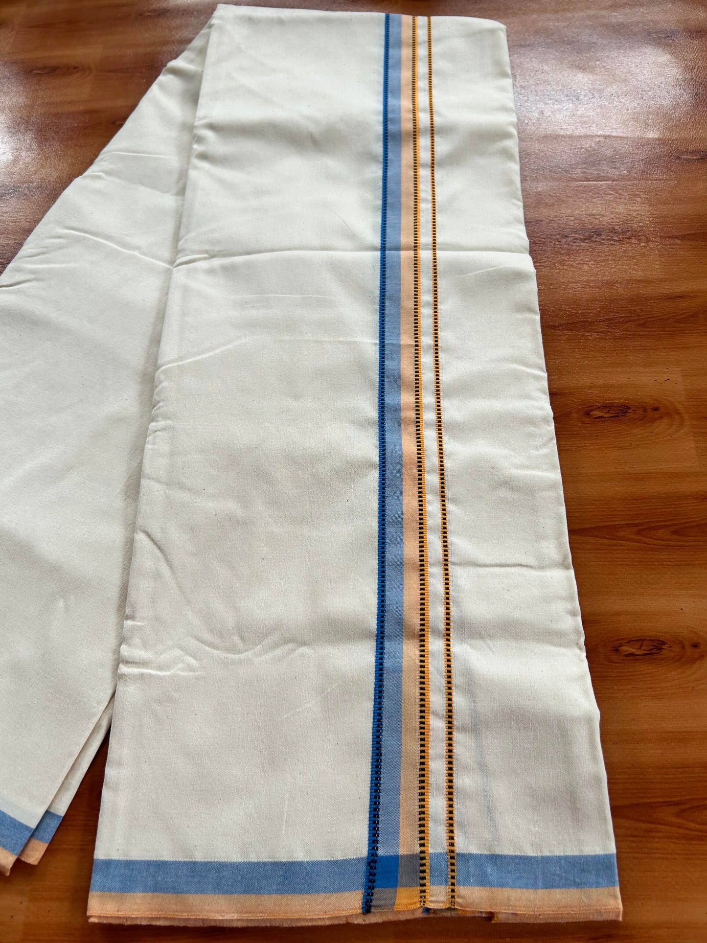 Single Off White - (Unbleached) Mundu/Dhoti - 25%Discount ! Signature Kaitharikada Exclusive Dhoti - 100% Cotton - Kerala Handloom - 1 inch Peach Orange & Blue Shaded Design kara (2 meter / 4 muzham)- 11 KK5410 KAI