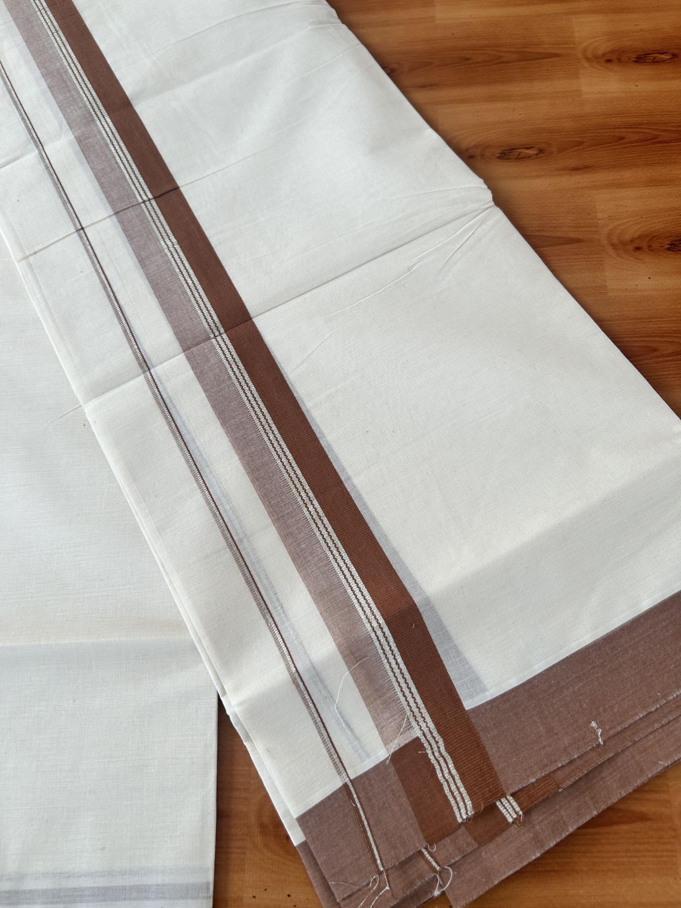 Double Off White (Unbleached) Mundu/Dhoti - 20% Discount! Kaitharikada 100% Pure Cotton - 100x80 - 1.5 inch Silver Kasav & Brown striped shaded Kara 4 mtr (8.5 muzham) - 25 KK5460 PMC