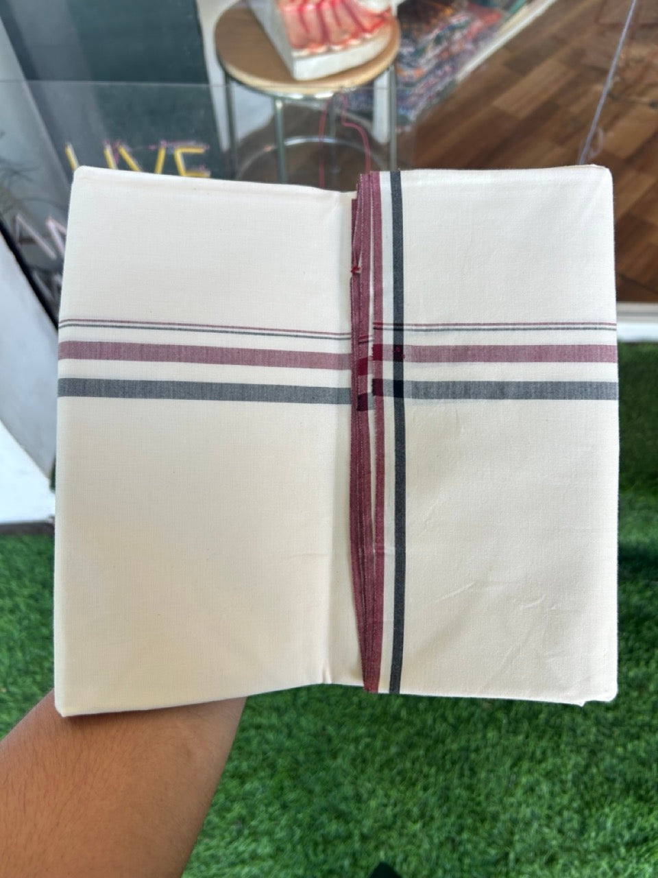 Admk Veshti - 20% Discount! KaithariKada 100% Cotton Off White Single - (Unbleached) Mundu/Dhoti - Twisted 100s Thread - 1.25 inch Black White & Maroon Shaded kara - 15 KK5378 ASH