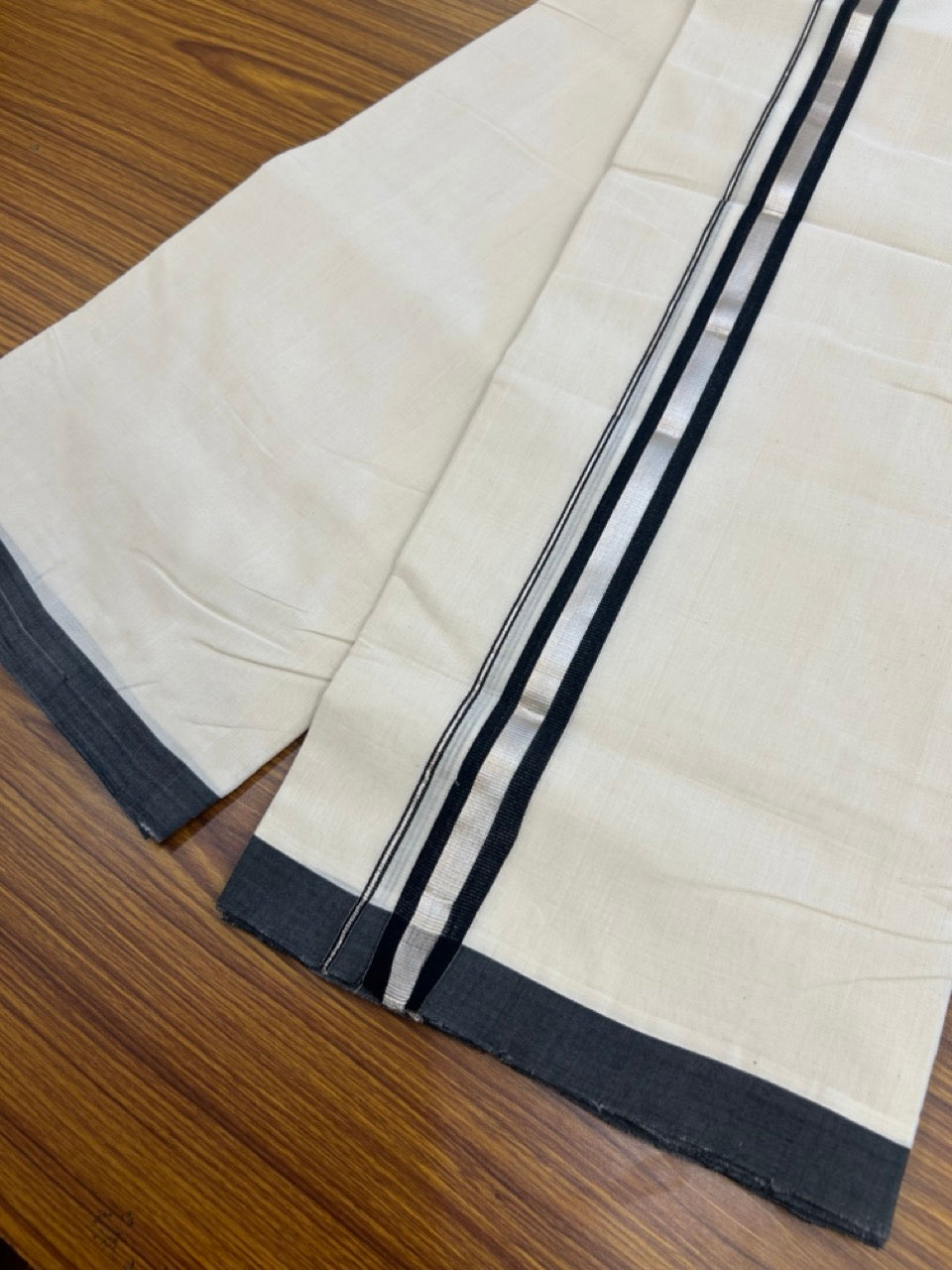 25% Discount! KaithariKada Handloom Millpaav Balaramapuram - Cotton Double Mundu/Dhoti Off white (Unbleached) - 80x90 - 1 inch Silver Kasav & Black Kara 3.60 meter (8 Muzham) - 5 KK5269 RAM