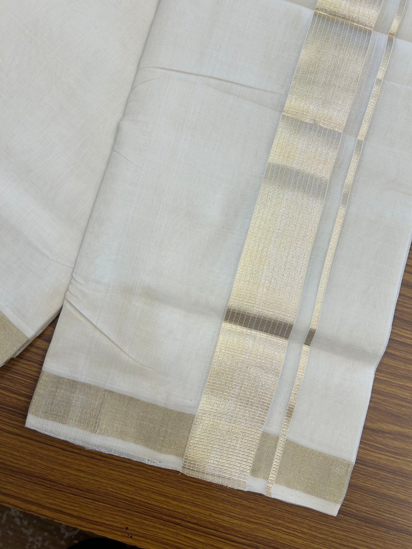 25% Discount ! KaithariKada Handloom Unakkupaav Kerala Handloom - 100% Pure Cotton Off White - (Unbleached) Double Mundu/Dhoti - 100x80 - 2 inch Light Gold Kasav Striped Kara 4 mtr (8.5 Muzham) - 4 KK5367 ABH