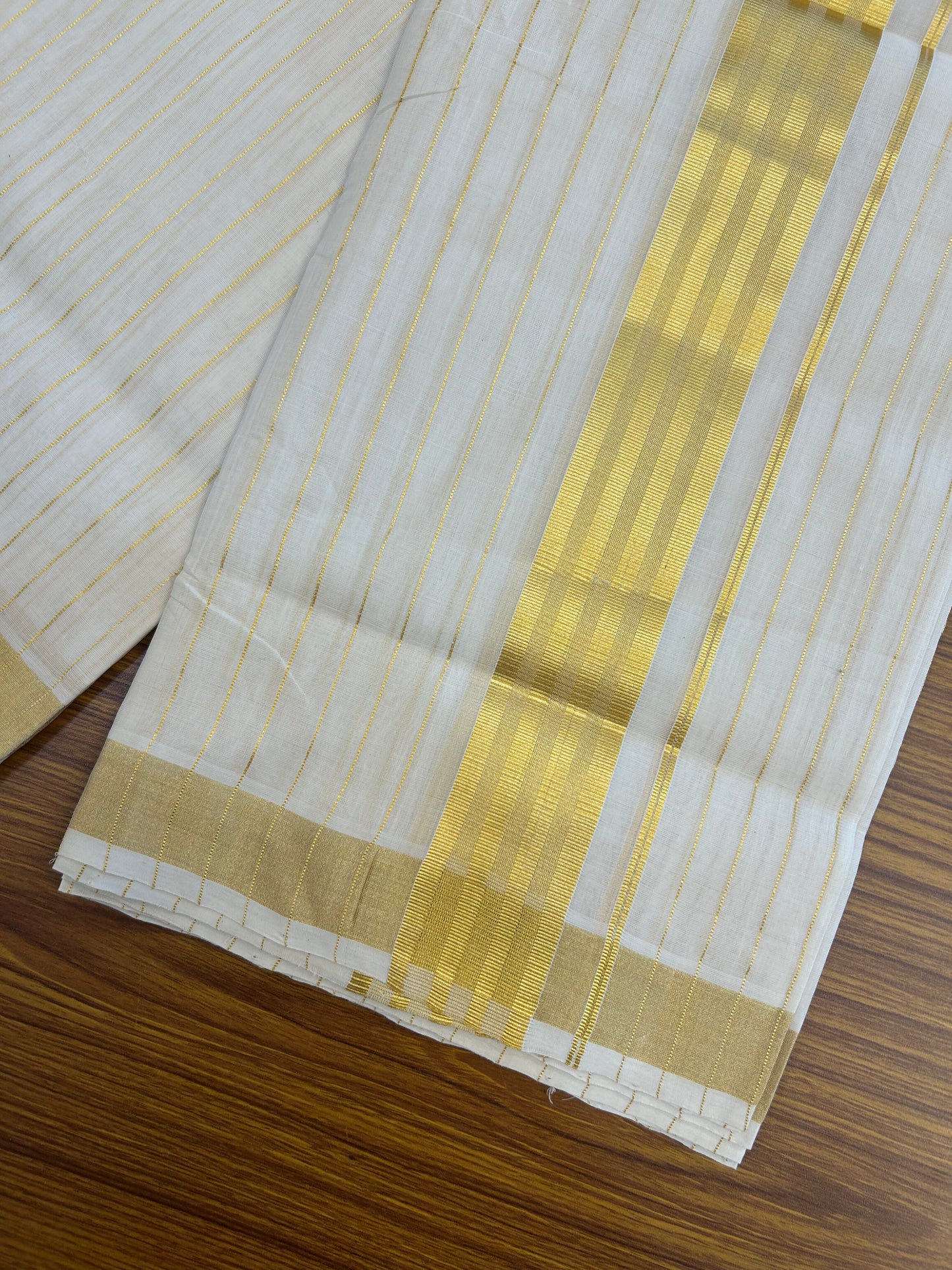 25% Discount ! KaithariKada Handloom Unakkupaav Kerala Handloom - 100% Pure Cotton Off White - (Unbleached) Double Mundu/Dhoti - 100x80 - 2 inch Gold Kasav Full Body Striped Kara 4 mtr (8.5 Muzham) - 5 KK5367 ABH