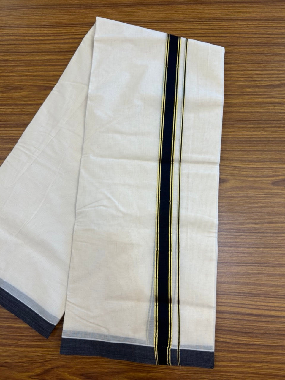 20% Discount !! KaithariKada Balaramapuram Mixed Cotton OFF White (Unbleached) Double Mundu/Dhoti -100X100 - 1 inch Black & Gold Kasav Stripes Kara - 8 KK5271 ASH