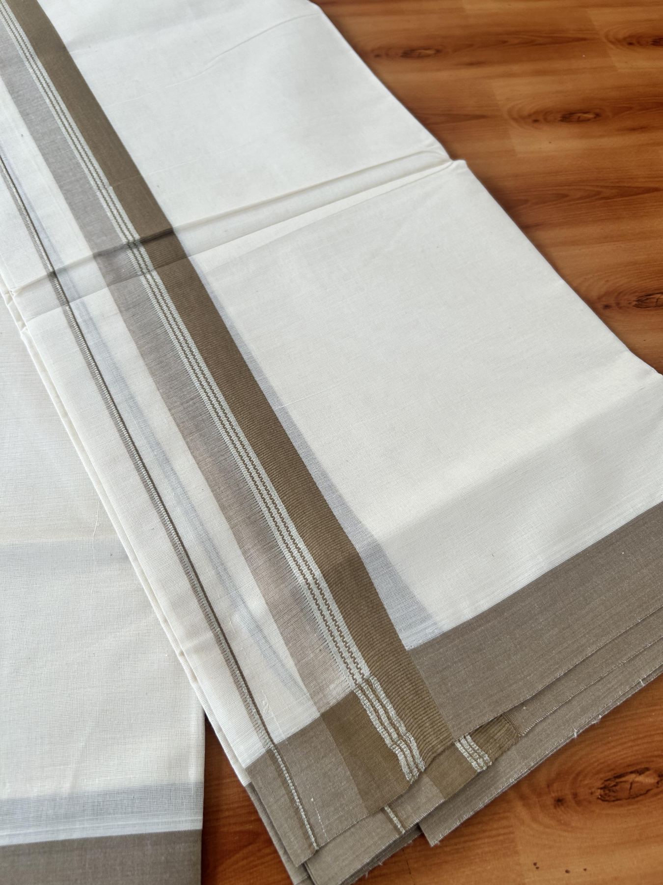 Double Off White (Unbleached) Mundu/Dhoti - 20% Discount! Kaitharikada 100% Pure Cotton - 100x80 - 1.5 inch Silver Kasav & Sage Brown striped shaded Kara 4 mtr (8.5 muzham) - 22 KK5460 PMC