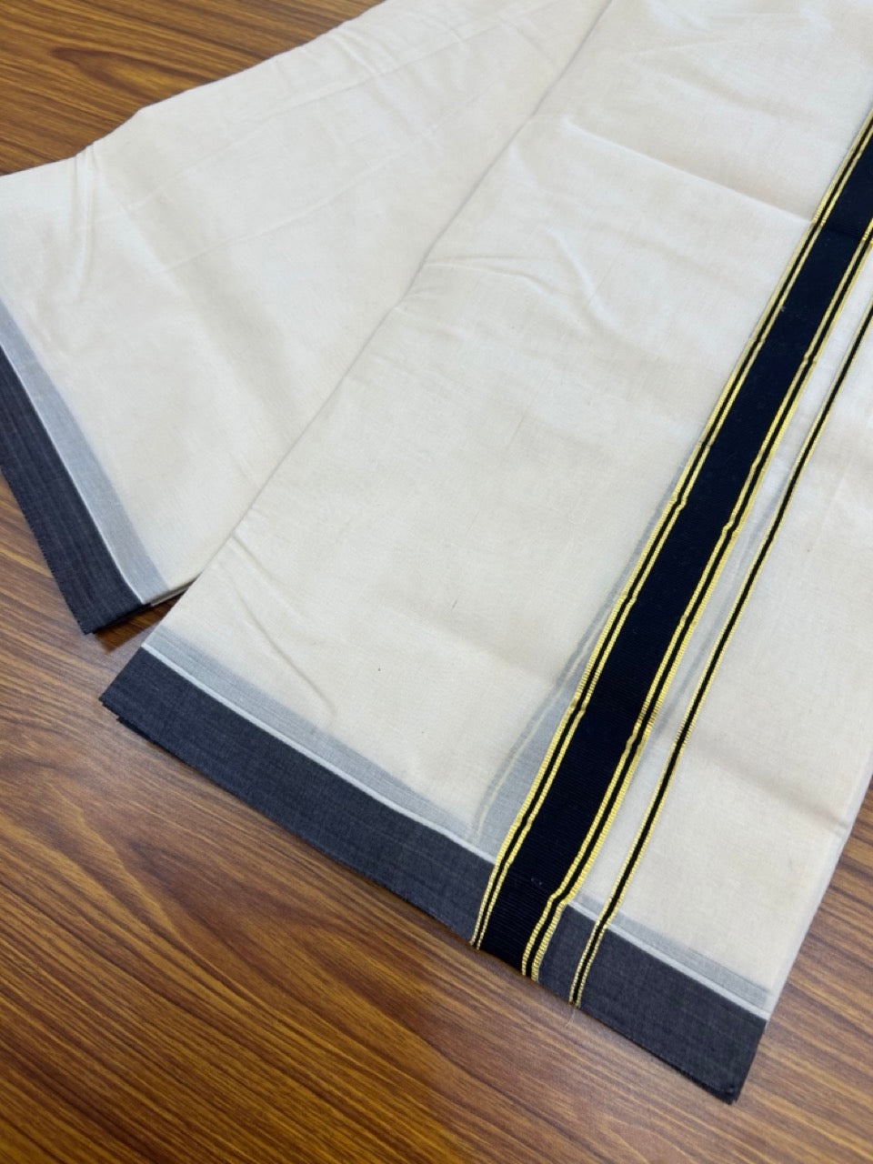 20% Discount !! KaithariKada Balaramapuram Mixed Cotton OFF White (Unbleached) Double Mundu/Dhoti -100X100 - 1 inch Black & Gold Kasav Stripes Kara - 8 KK5271 ASH