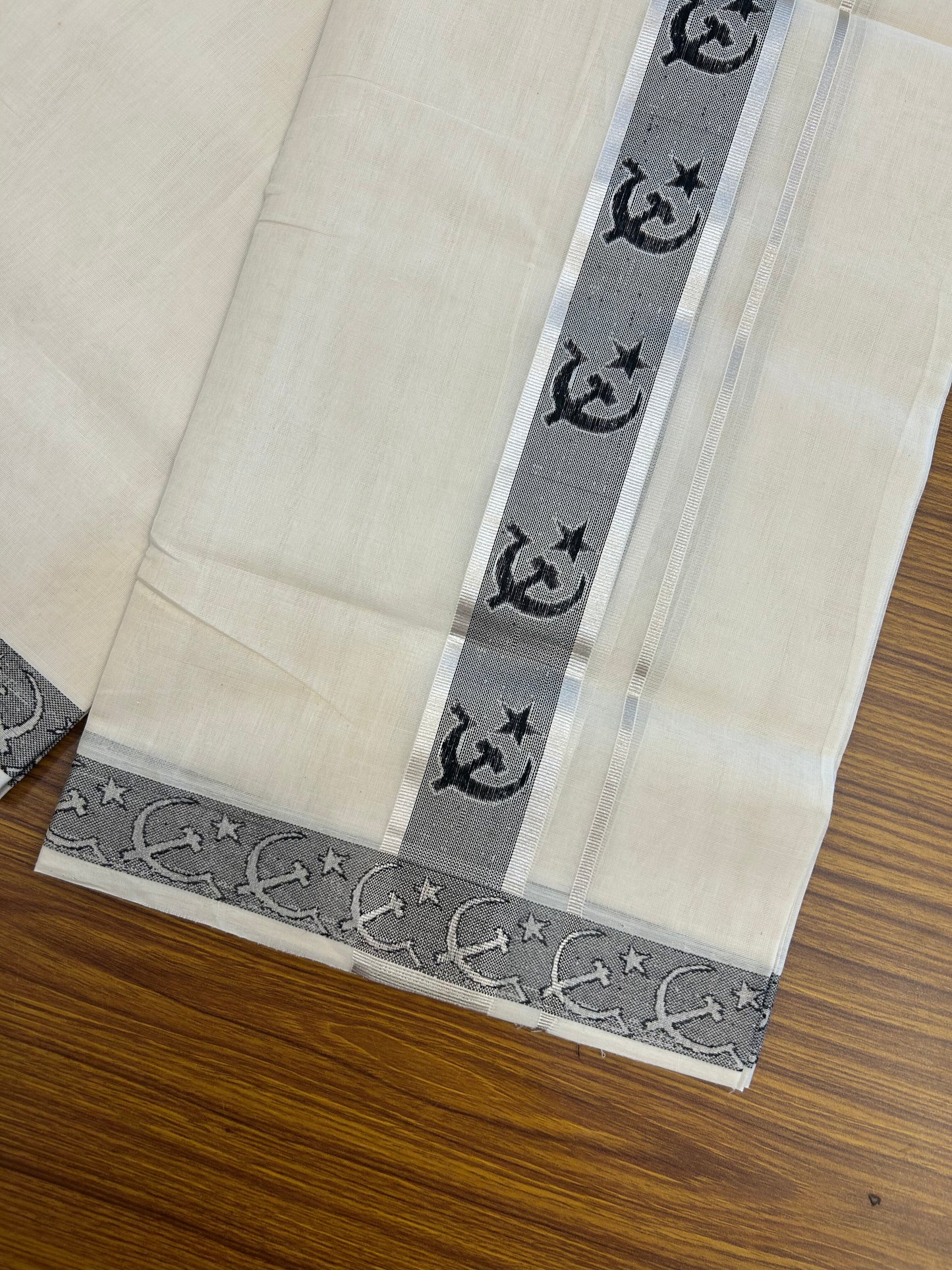 Cpi(M) Veshti - 25% Discount ! KaithariKada Handloom Unakkupaav Kerala Handloom -100% Pure Cotton Off White - (Unbleached) Double Mundu/Dhoti - 100x80 - 2 inch Arival Chuttika Nakshathram Silver Kasav & Black Jaquard Design Kara - 6 KK5367 ABH