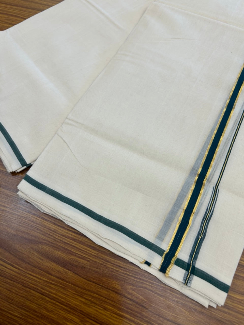 25% DISCOUNT!! KaithariKada HANDLOOM MILPAAV Balaramapuram - 100% PURE Cotton OFF White Double - (Unbleached) Mundu/Dothi - 80x90 - 0.5 Inch Kasavu Dark Green Puliyilakkara chutty - 6 KK5269 RAM