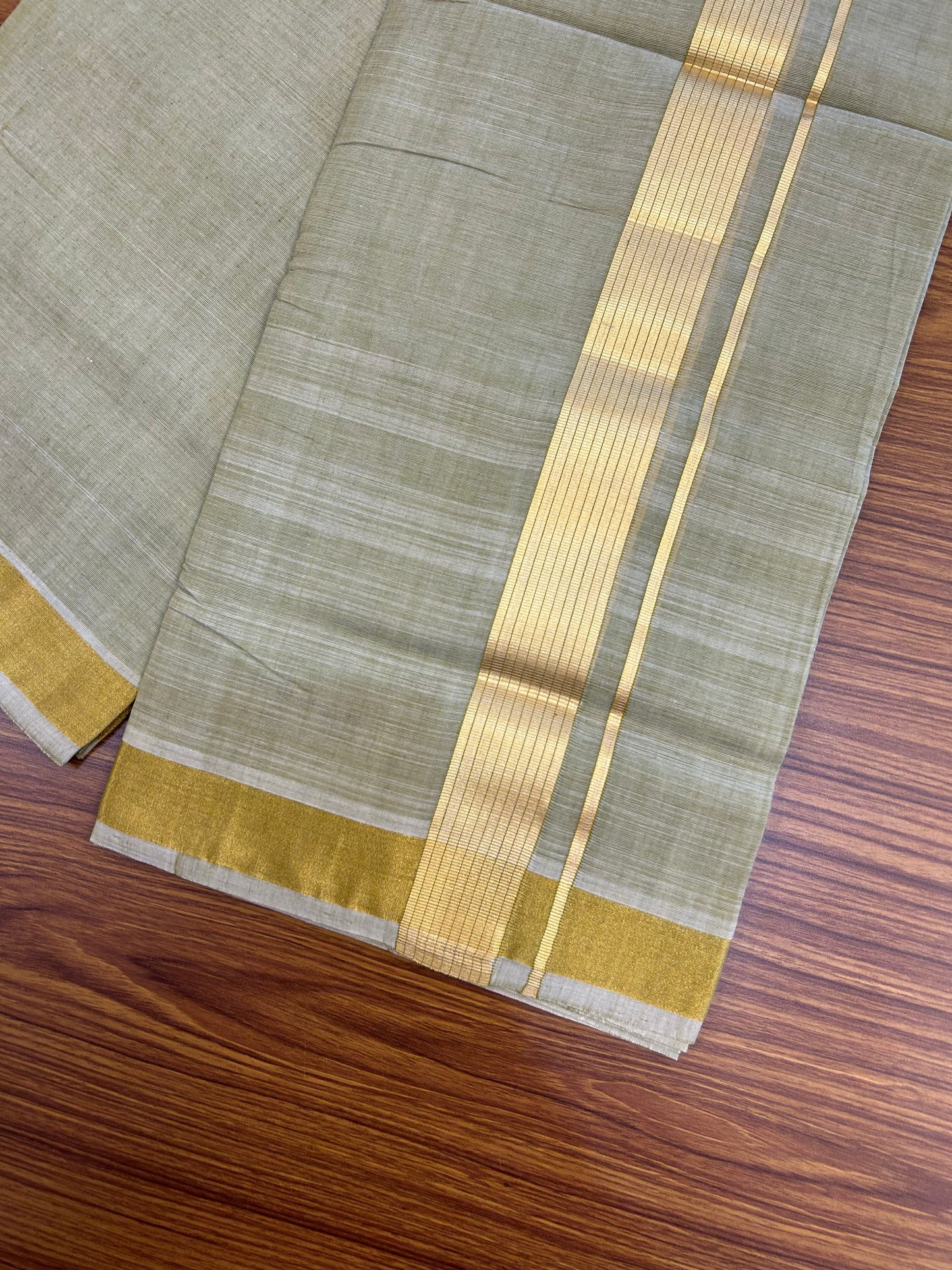 25% Discount! KaithariKada Handloom Unakkupaav - Kerala Handloom - Pure Cotton Double Mundu/Dhoti (Unbleached) - 100x80 - Olive Green Colour Body - 1.5 inch Gold Kasav Striped Kara - 4 Mtr ( 8.5 muzham) - 7 KK5367 ABH