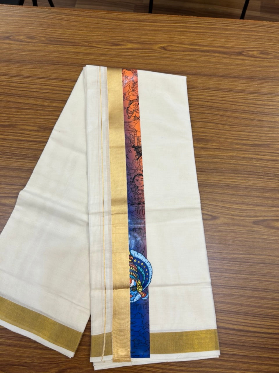 20% Discount! KaithariKada Balaramapuram off white Double - (Unbleached) Mundu/Dhoti - Mixed Cotton (80x72) - Hand Printed Kathakali, Radha Krishna Gold Kasav Blue & Orange Pattern 2.75 inch Kara - 13 KK5271 PMC