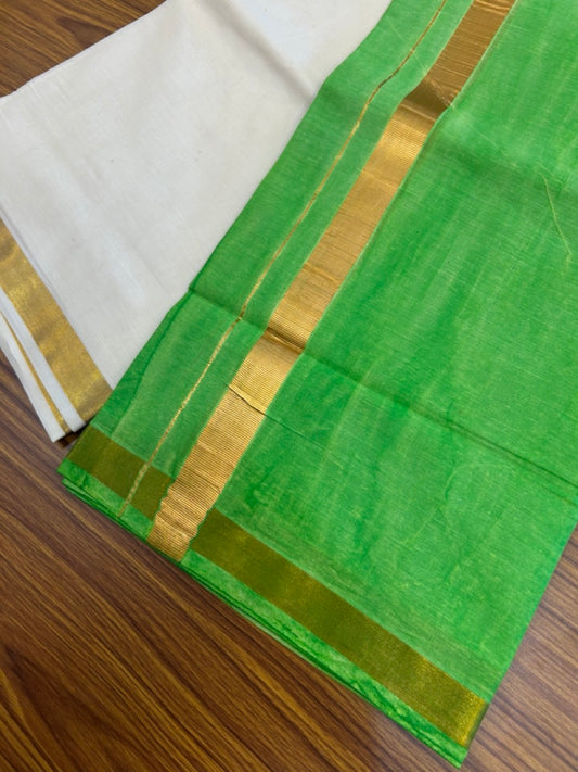 20% Discount !! KaithariKada Balaramapuram Mixed Cotton Off White (Unbleached) Double Mund/Dhoti -80x80 Thread Mixed Cotton - 1.75 inch Light Green Dyed Kasav Kara - 7 KK5271 VIN