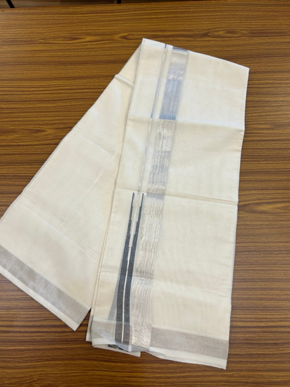 20% DISCOUNT! KaithariKada Balaramapuram 100% Cotton Double Off white (Unbleached) Mundu/Dhoti - 100x80 - 1.5 inch Silver Kasavu Black striped chutty kara 4 mtr (8.5 muzham) - 1 KK5271 THI