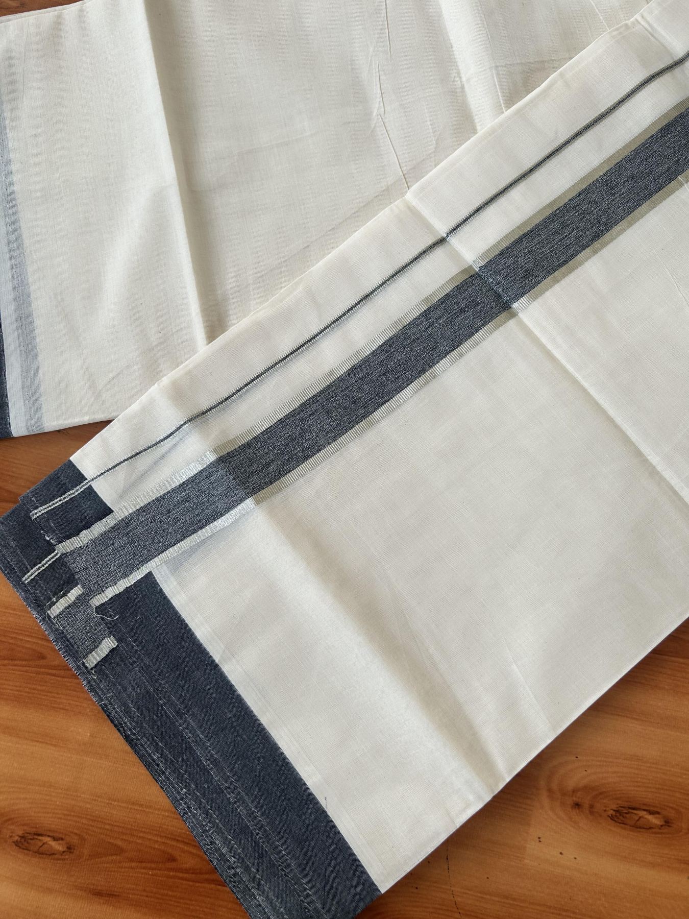 Double Off White (Unbleached) Mundu/Dhoti - 20% Discount! Kaitharikada 100% Pure Cotton - 100x80 - 1.5 inch Silver Kasav & Black shaded Kara 4 mtr (8.5 muzham) - 14 KK5460 PMC
