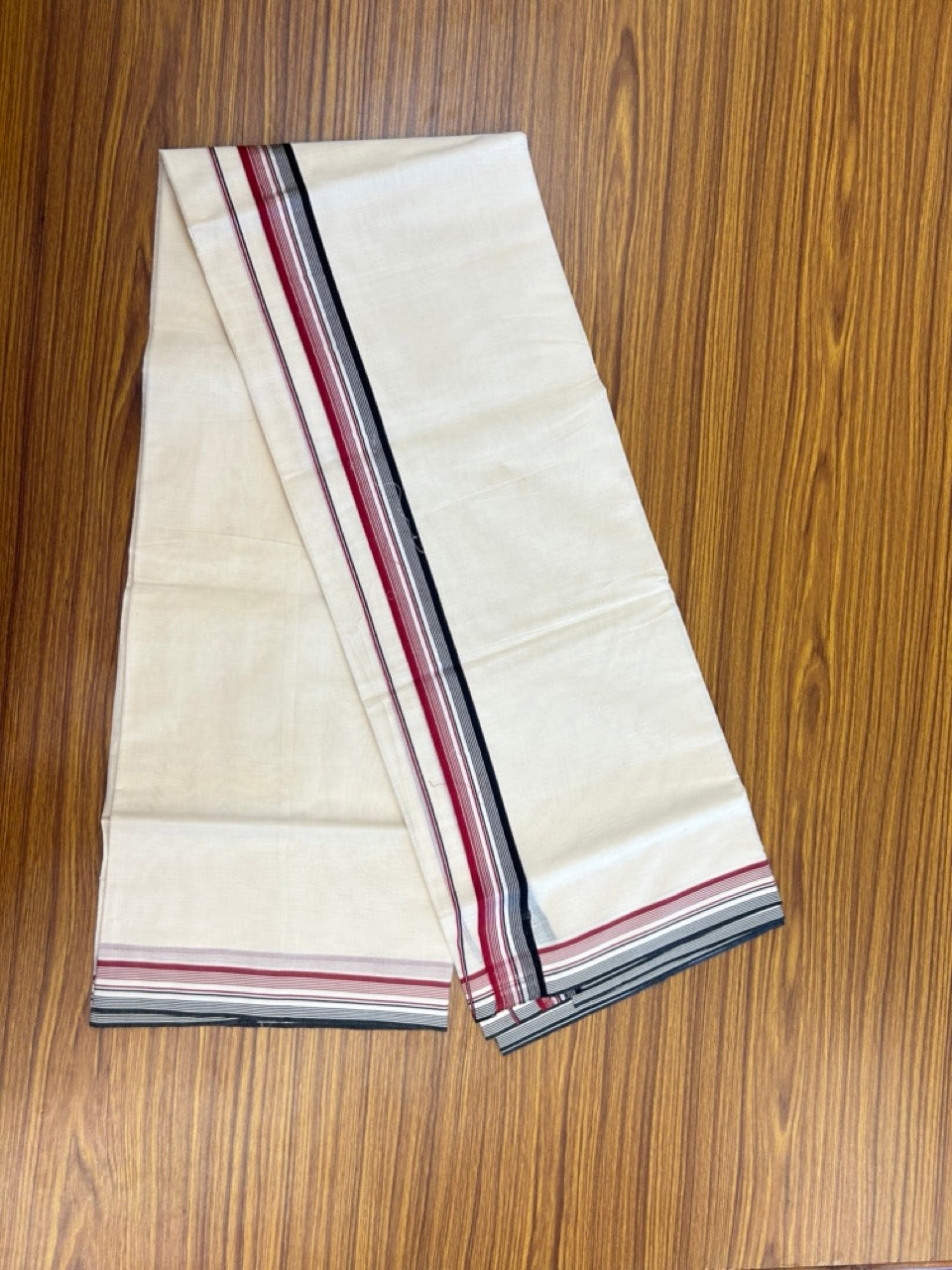 20% DISCOUNT ! KaithariKada Balaramapuram 100% Cotton Double Off white - (Unbleached) Mundu/Dhoti - 100X80 - 1.5 inch Silver kasav Black & Maroon stripes Kara 4mtr (8.5 muzham) - 5 KK5271 PMC