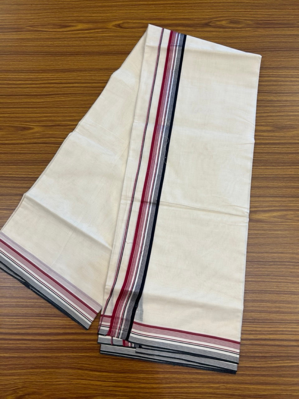 20% DISCOUNT ! KaithariKada Balaramapuram 100% Cotton Double Off white - (Unbleached) Mundu/Dhoti - 100X80 - 1.5 inch Silver kasav Black & Maroon stripes Kara 4mtr (8.5 muzham) - 5 KK5271 PMC