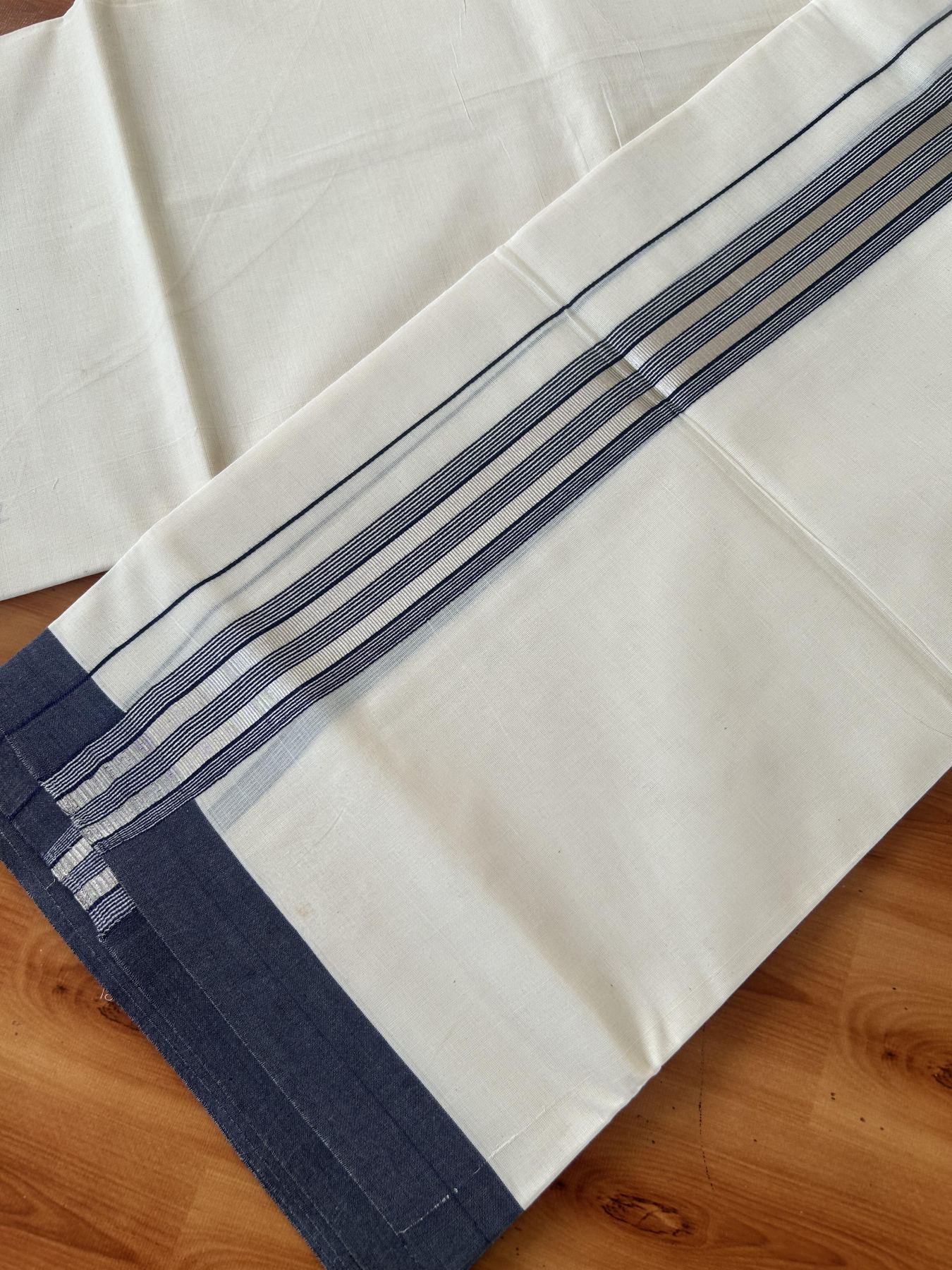 Double Off White (Unbleached) Mundu/Dhoti - 20% Discount! Kaitharikada 100% Pure Cotton - 100x80 - 1.5 inch Silver Kasav & Navy Blue striped Kara 4 mtr (8.5 muzham) - 12 KK5460 PMC
