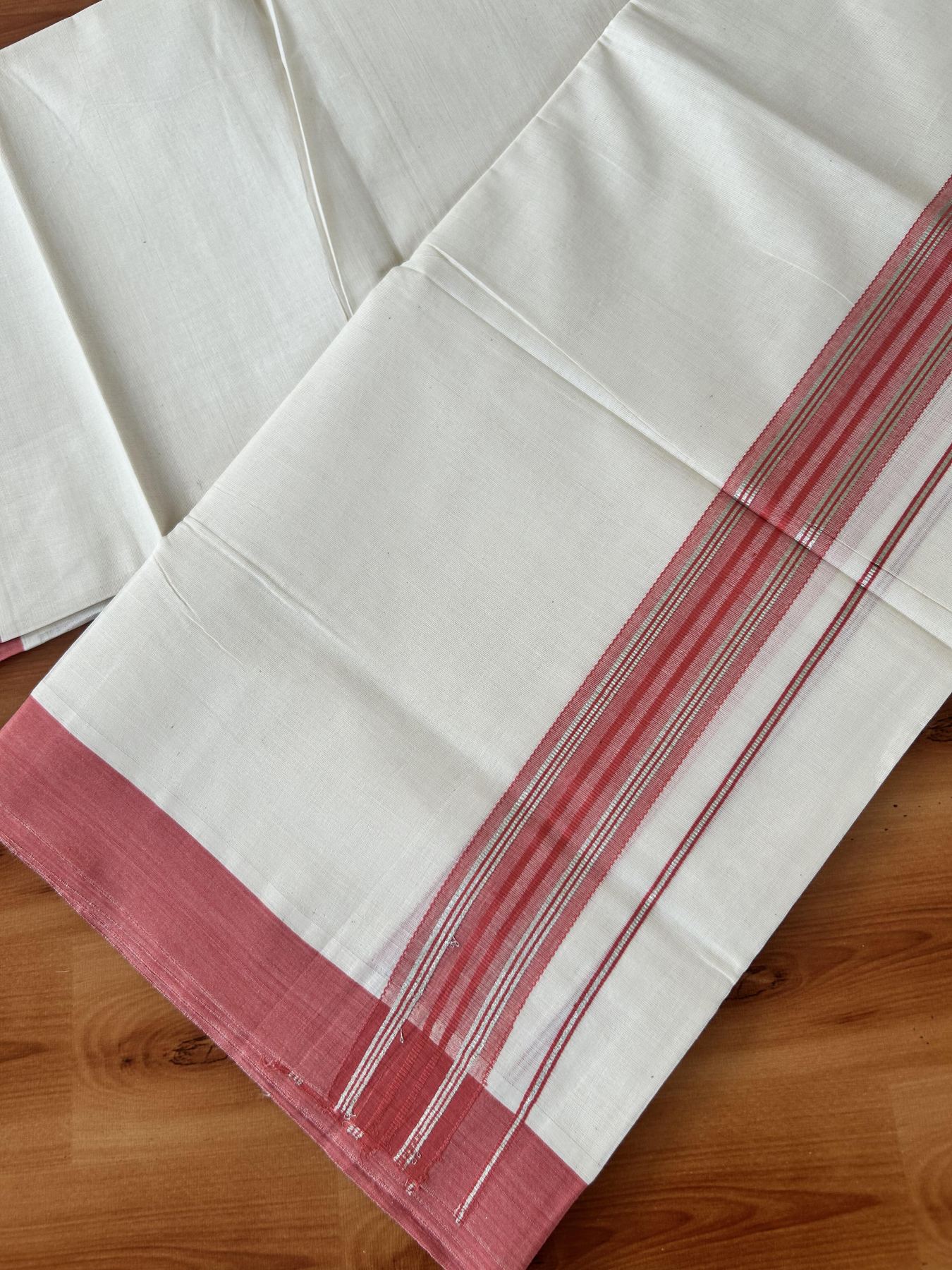 Double Off White (Unbleached) Mundu/Dhoti - 20% Discount! Kaitharikada 100% Pure Cotton - 100x80 - 1.5 inch Silver Kasav & Dark Peach striped shaded Kara 4 mtr (8.5 muzham) - 21 KK5460 PMC