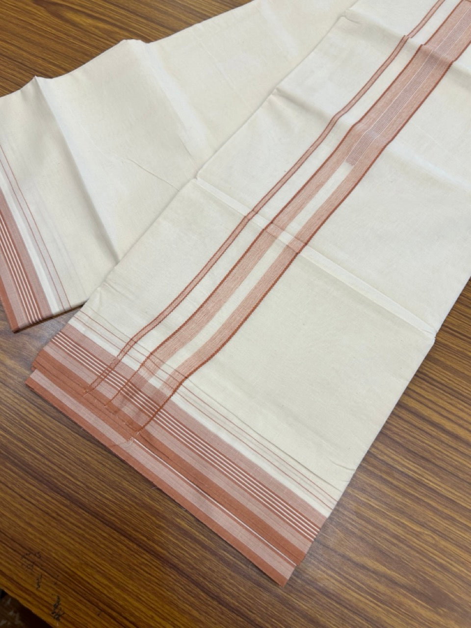 20% DISCOUNT ! KaithariKada Balaramapuram 100% Cotton Double Off white - (Unbleached) Mundu/Dhoti - 100X80 - 1.5 inch Orange Brown stripes Kara 4mtr (8.5 muzham) - 6 KK5271 VIN