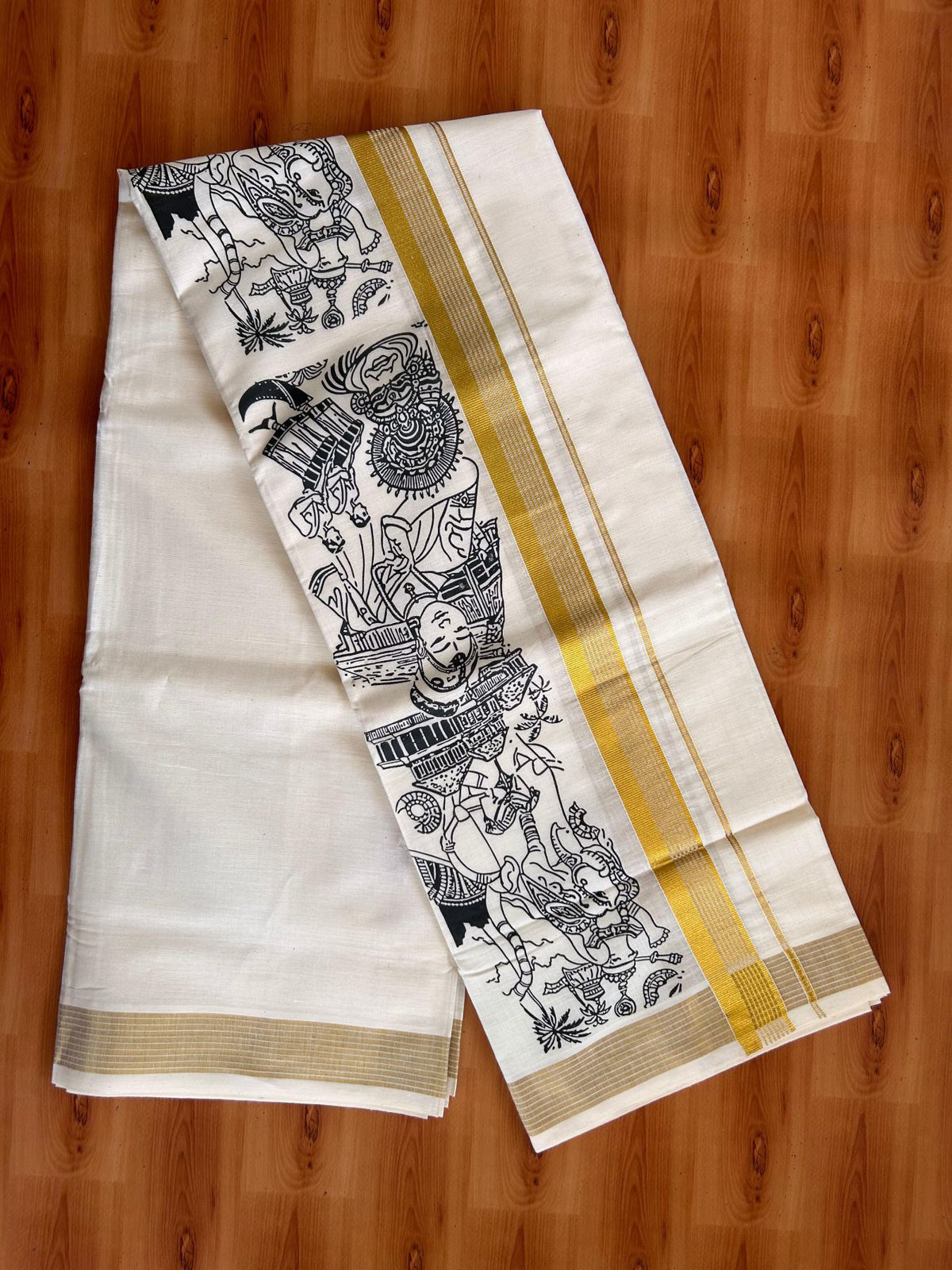 Double Off White (Unbleached) Mund/Dhoti - 20% Discount! KaithariKada Mixed Cotton - 60s - 1.25 inch Gold Kasav Striped Kara with Black Kerala Traditional Printed Design 4 mtr (8.5 Muzham) - 53 KK5520 PMC