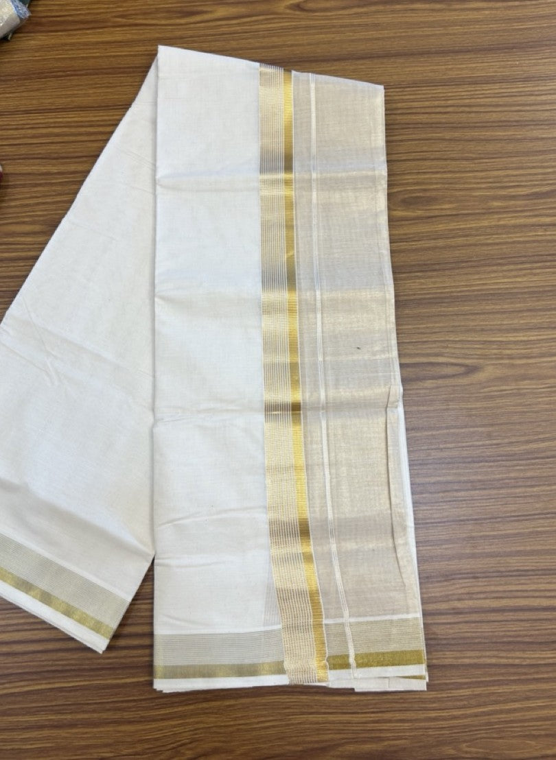 20% DISCOUNT! Kaitharikada Balaramapuram 100% Cotton OFF WHITE Double Mundu/Dothi - 100x80 - Half Tissue 1.5 Inch Gold Kasav Stripes Kara - 10 KK5271 VIN