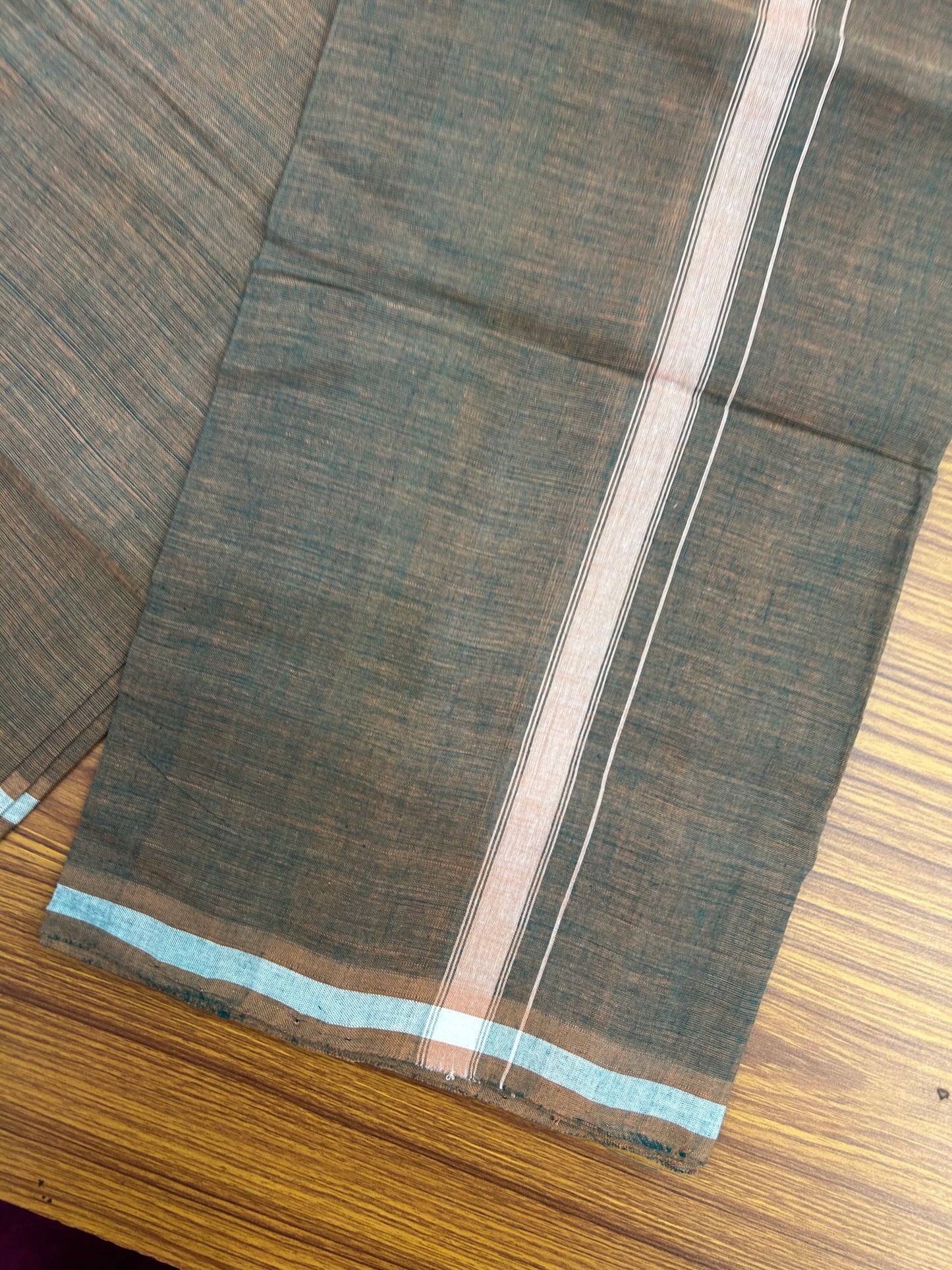 Kerala Handloom Single - KaithariKada 100% Pure Cotton - Mundu/Dhoti Green Brown Shaded Body & 0.5 inch Brown Kara - (2 meter / 4 muzham)- 12 KK8051 ELA