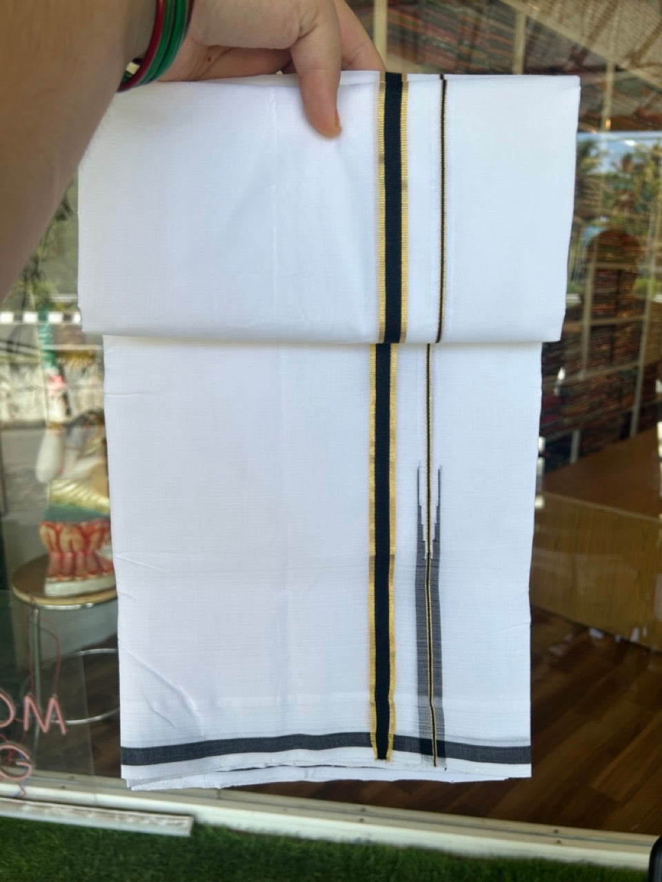 25% Discount!! NEW ULTRA PURE WHITE HANDLOOM Balaramapuram - 100% Mercerised Cotton Double Mundu/Dhoti - 120 twisted warp x 80s weft - 0.5 inch Puliyilakkara Gold Kasavu & Black Chutty Kara- 2KK5200REA