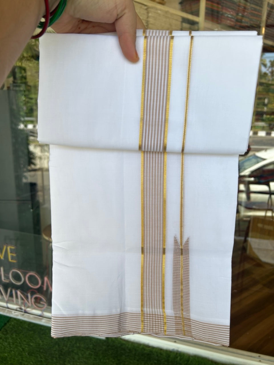 25% Discount!! NEW ULTRA PURE WHITE HANDLOOM Balaramapuram - 100% Mercerised Cotton Double Mundu/Dhoti - 120 twisted warp x 80s weft - 1.25 inch Puliyilakkara Gold Kasavu & Sand Brown Striped Chutty Kara- 1KK5200REA