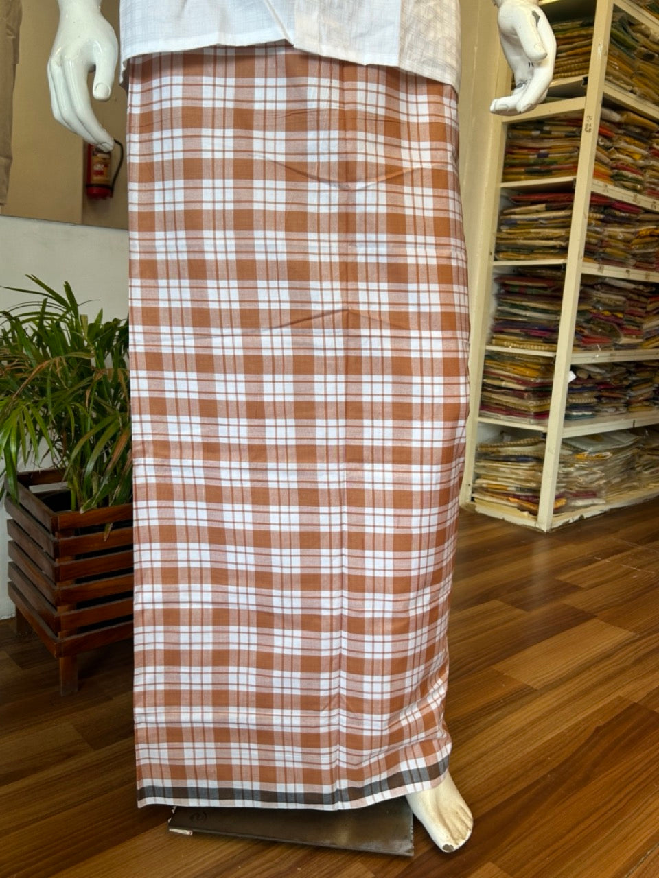 10% DISCOUNT ! KaithariKada Kalamachal 100% Pure Cotton -(80X80) Twisted Thread Handloom Single Mundu/Dhoti - Brown Check COLOUR BODY & White striped Kara- 30KK479KAL