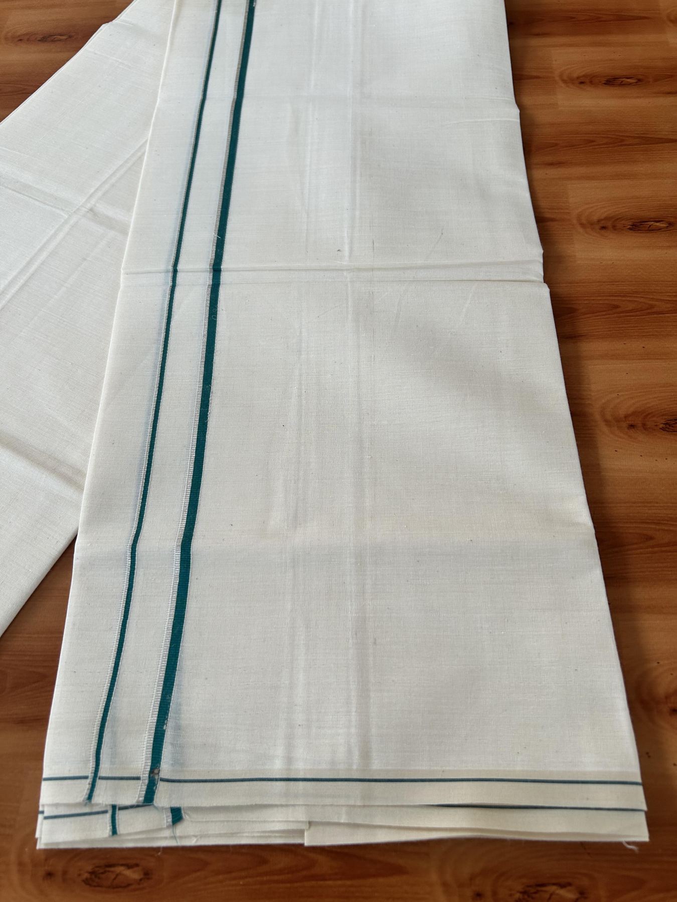 Single Off White (Unbleached) Mundu/Dhoti - KaithariKada 100% Cotton - 70X30 - 0.5 cm Silver Kasav Dark Teal Green Kara (2 meter / 4 muzham) - 16 KK5461 PMC