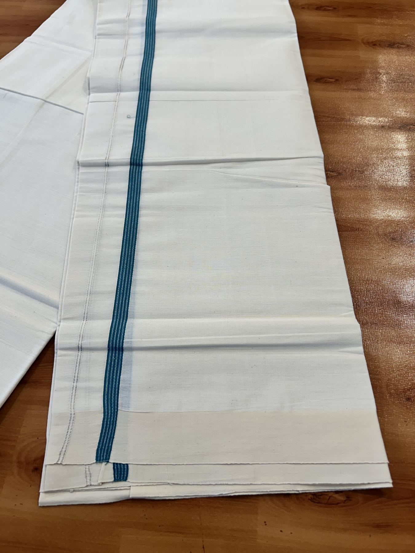 Single Off White (Unbleached) Mundu/Dhoti - 8% Discount! KaithariKada 100% Cotton - 70X30 - 0.5 inch Silver Kasavu Peacock Green Striped Kara (2 meter / 4 muzham) - 1 KK5461 PMC