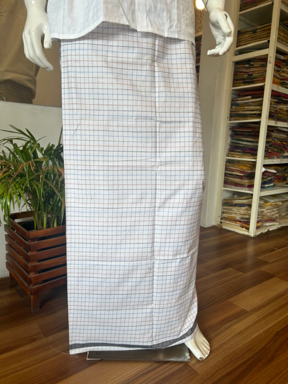 10% DISCOUNT ! KaithariKada Kalamachal 100% Pure Cotton - (80X80) Twisted Thread Handloom Single Mundu/Dhoti - White Check COLOUR BODY & Brown Green Blue striped Kara- 32KK479KAL
