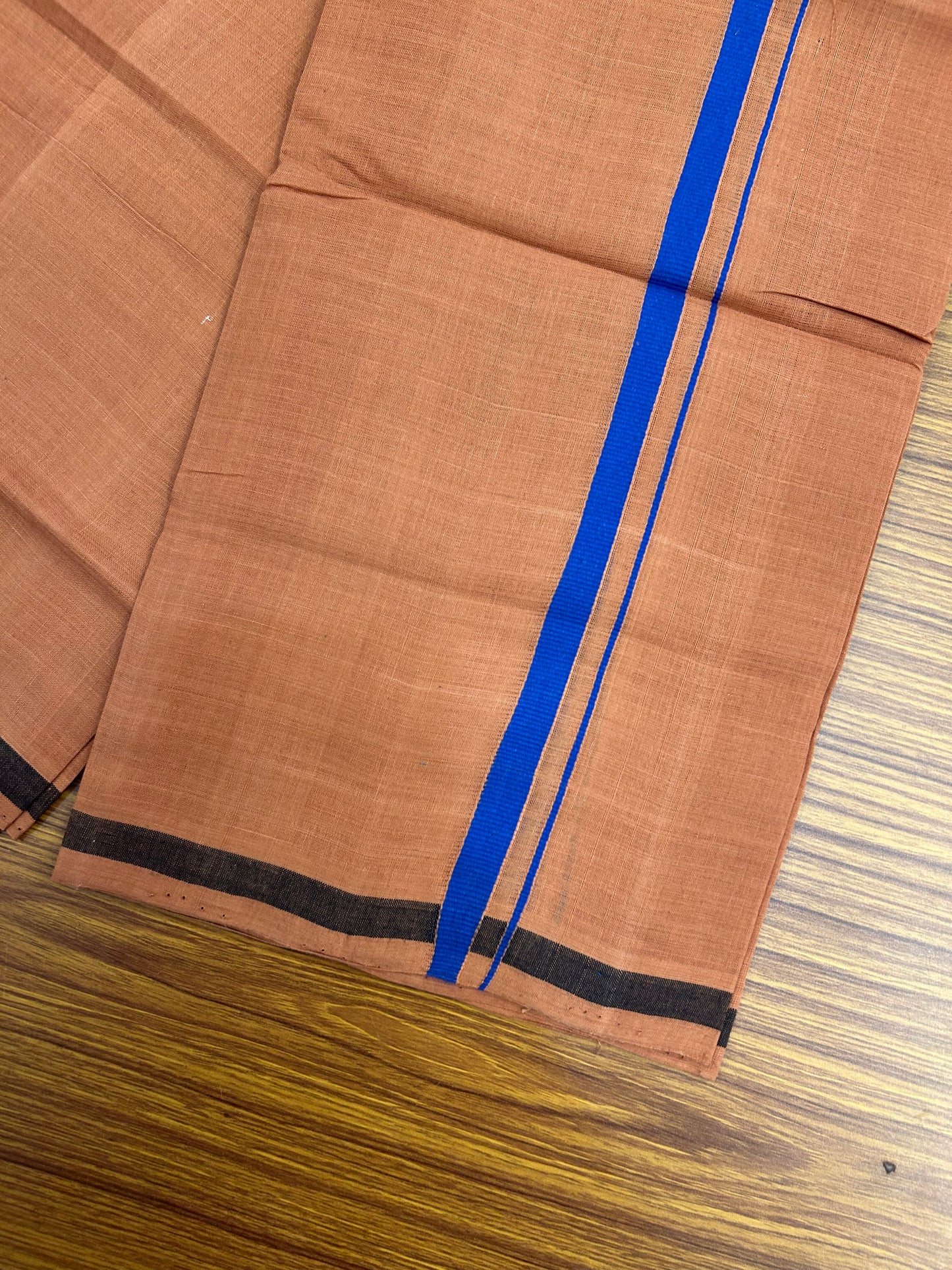 Kerala Handloom Single - KaithariKada 100% Pure Cotton - Mundu/Dhoti Kavi Body & 0.75 inch Blue Kara - (2 meter / 4 muzham)- 29 KK8051 ELA
