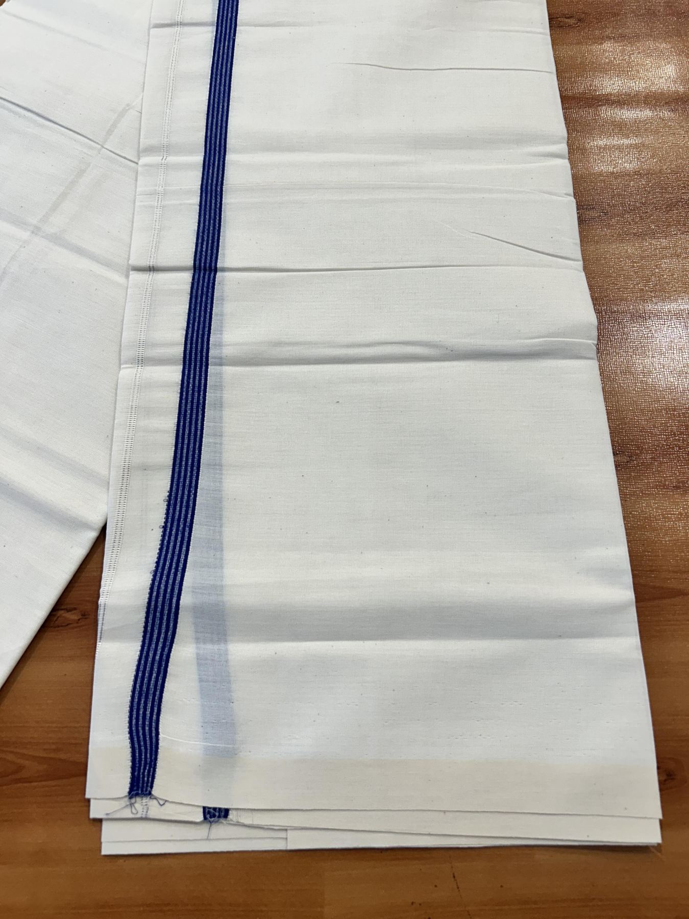 Single Off White (Unbleached) Mundu/Dhoti - 8% Discount! KaithariKada 100% Cotton - 70X30 - 0.5 inch Silver Kasavu Dark Blue Striped Kara (2 meter / 4 muzham) - 3 KK5461 PMC