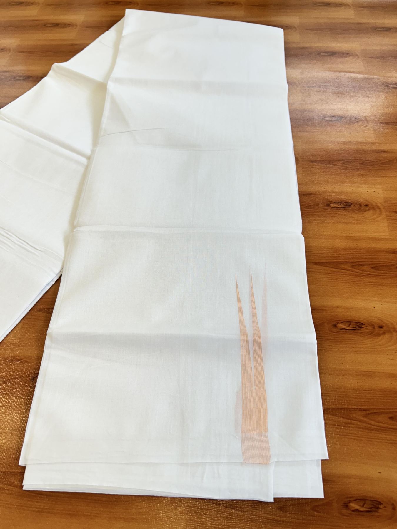 Double Pure White Mundu/Dhoti - 20% Discount !! KaithariKada Balaramapuram 100% Cotton - 100x80 - 2 cm Peach Orange Stripes Chutty Kara 3.80 mtr (8 muzham) - 9 KK5411 CKS
