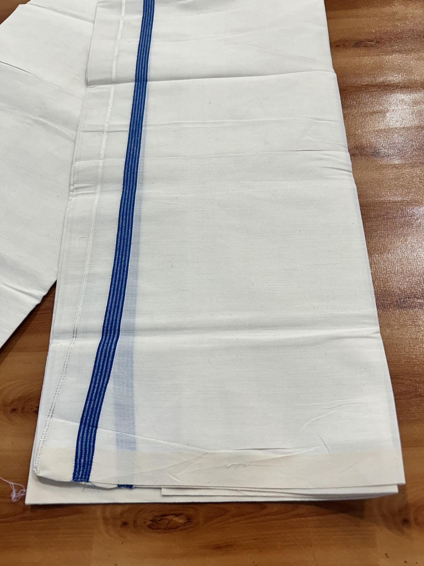 Single Off White (Unbleached) Mundu/Dhoti - 8% Discount! KaithariKada 100% Cotton - 70X30 - 0.5 inch Silver Kasavu Blue Striped Kara (2 meter / 4 muzham) - 5 KK5461 PMC