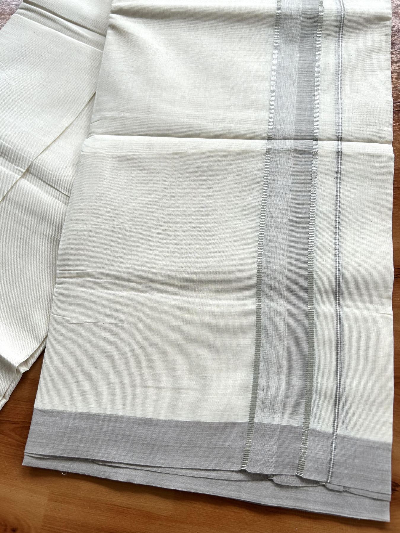 Double Off White (Unbleached) Mundu/Dhoti - 20% Discount! Kaitharikada Pure Cotton - 60s - 1.5 Inch Silver Kasav & Ash Grey Shaded Kara 4 mtr (8.5 muzham) - 52 KK5460 PMC