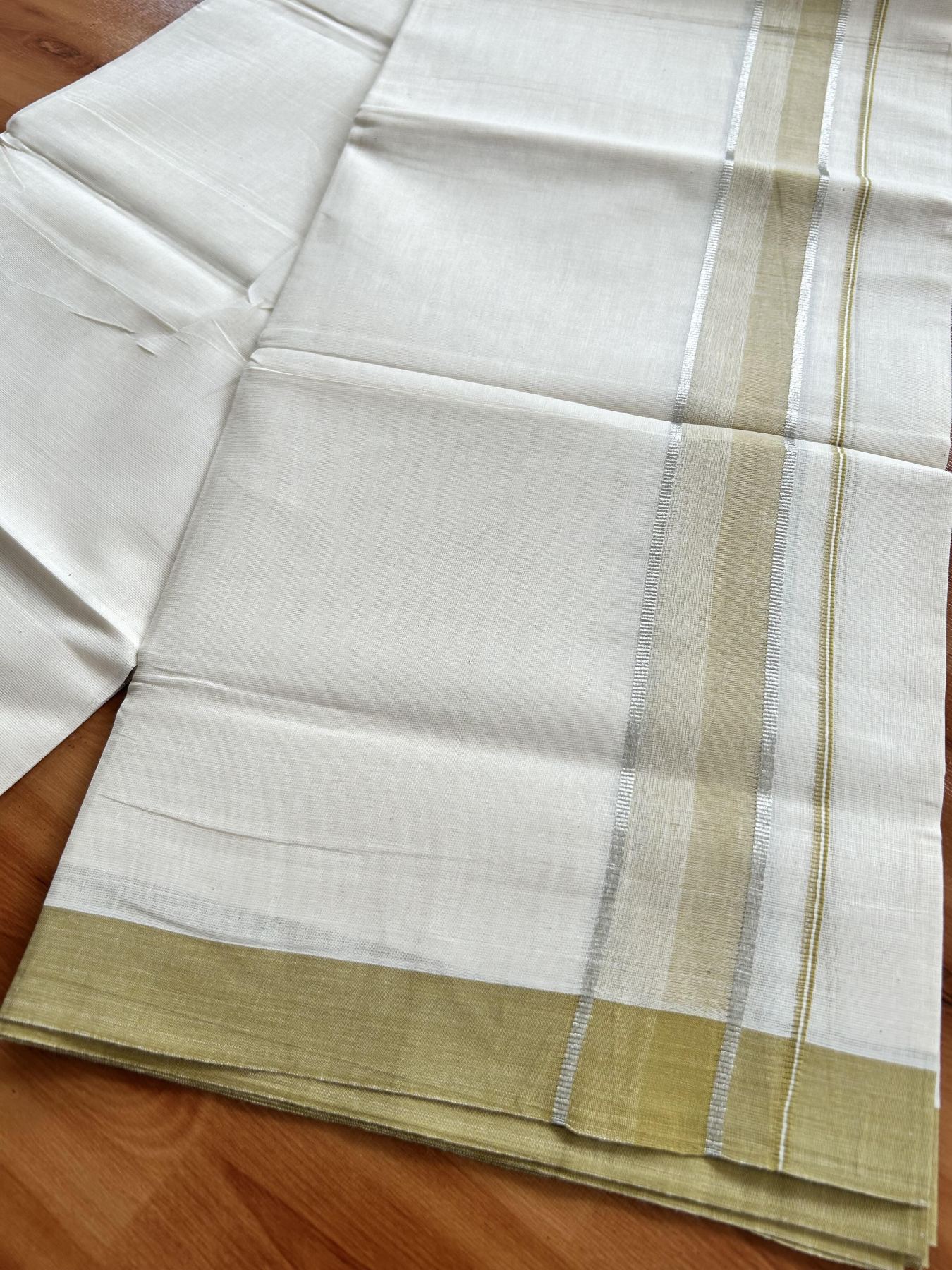 Double Off White (Unbleached) Mundu/Dhoti - 20% Discount! Kaitharikada Pure Cotton - 60s - 1.5 Inch Silver Kasav & Mustard Shaded Kara 4 mtr (8.5 muzham) - 49 KK5460 PMC