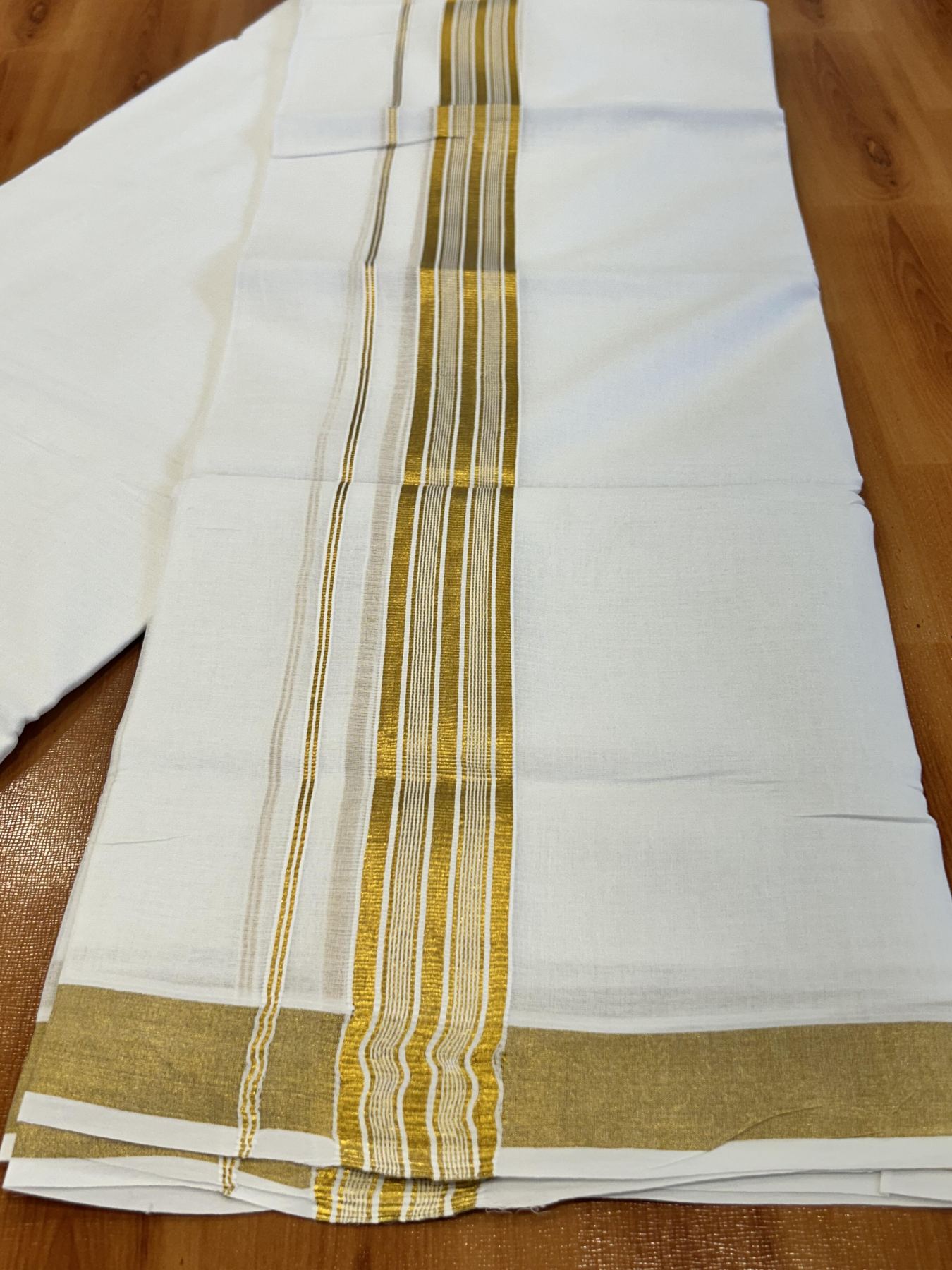 Double Pure White Mundu/Dhoti - 20% Discount!! Kaitharikada Balaramapuram Pure Cotton - 100s - 1.5 inch Gold Kasav Stripes Kara 4 mtr (8.5 Muzham) - 18 KK5406 GAN