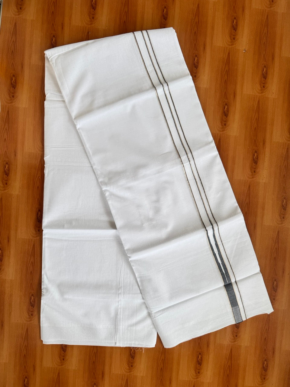 Pure white Double Mundu/Dhoti - 23% Discount! KaithariKada 100% Cotton - 100X80 - 0.75 inch Silver Kasav Black One Side Chutty Kara - 3.90 mtr (8.5 muzham) - 1 KK5480 CKS