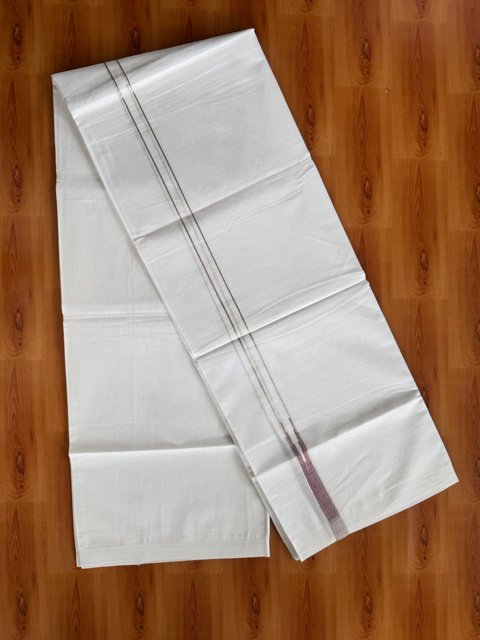 Pure white Double Mundu/Dhoti - 20% Discount! KaithariKada 100% Cotton - 100X80 - 0.75 inch Silver Kasav Maroon One Side Chutty Kara - 3.90 mtr (8.5 muzham) - 1 KK5481 MC